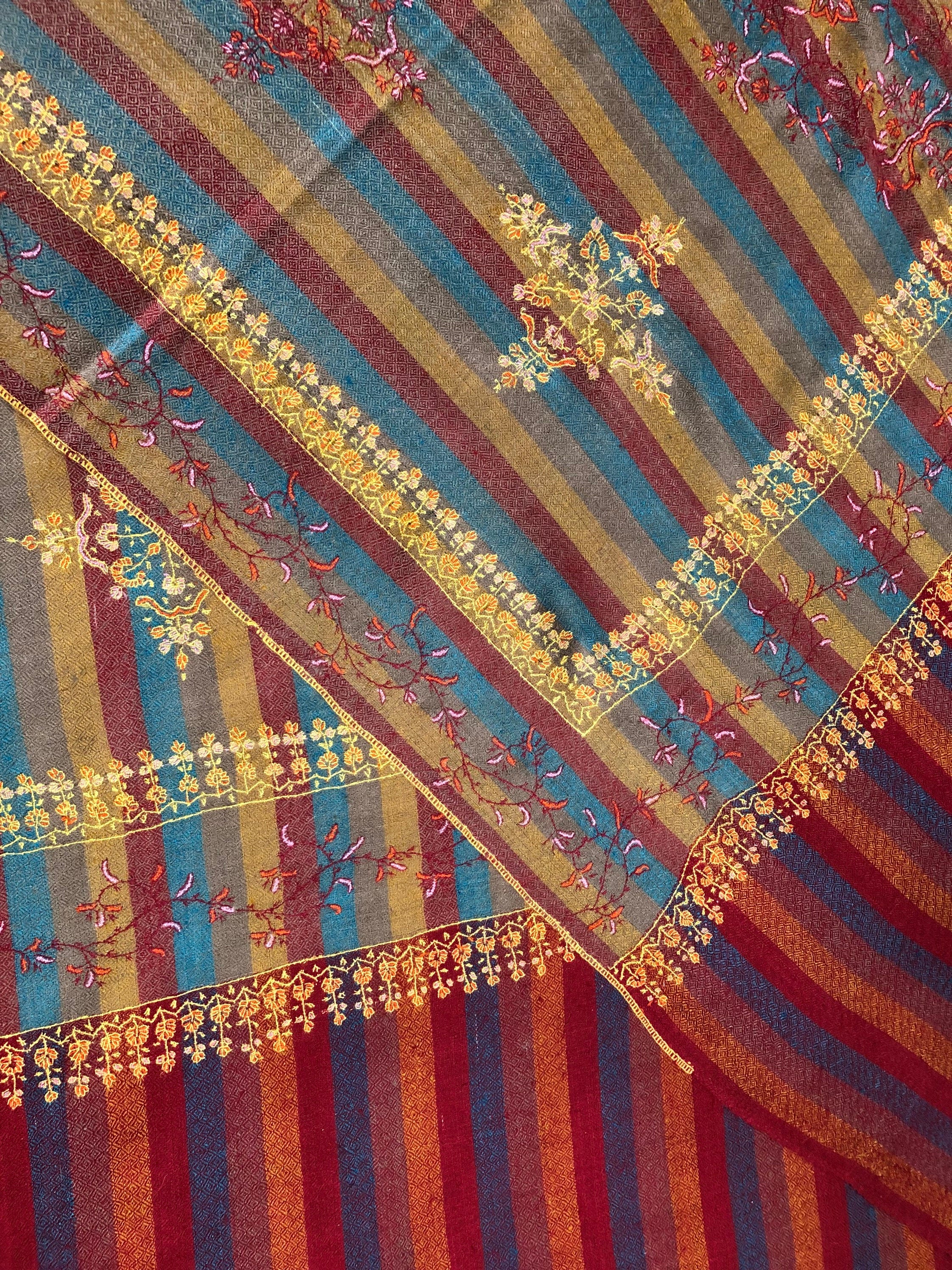 Hand Embroidered Cashmere Pashmina Stole: Multicolored Striped Shawl