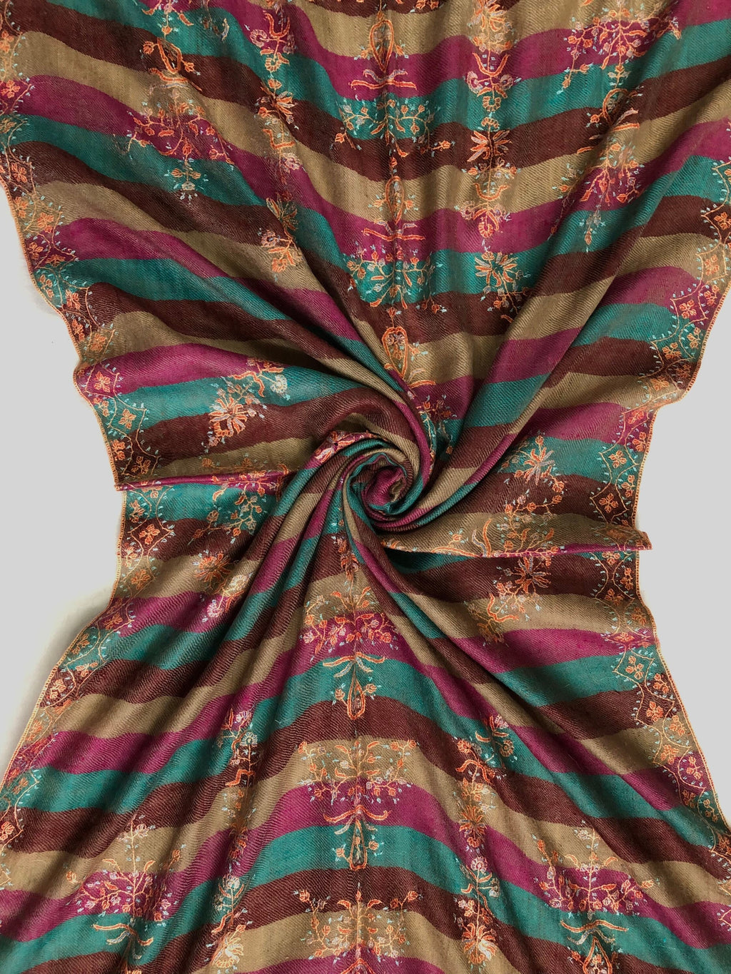teacher gift Multicoloured stripes modern design micro fine hand embroidered real cashmere pashmina stole shawl - Mehraj Crafts 