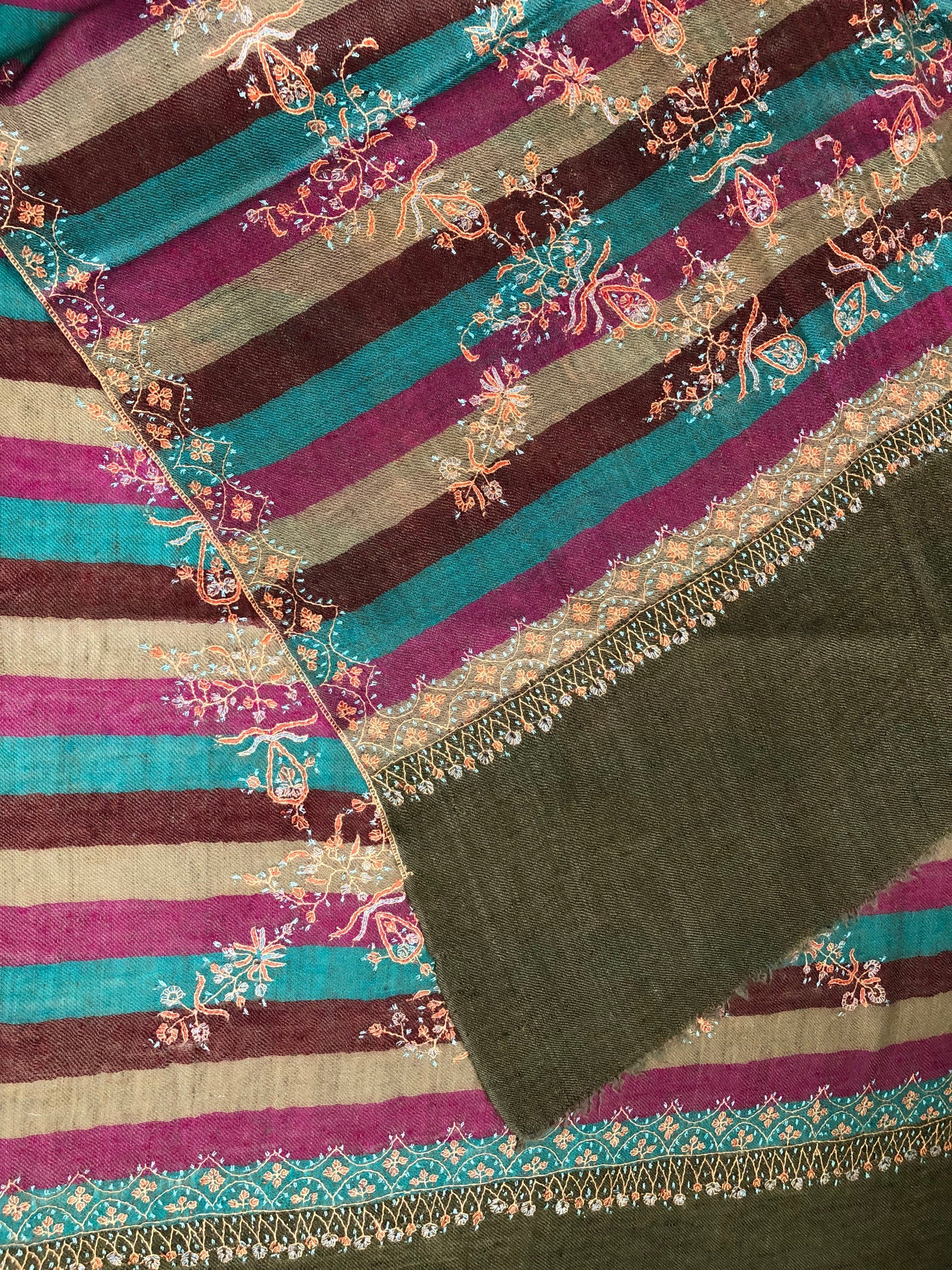 teacher gift Multicoloured stripes modern design micro fine hand embroidered real cashmere pashmina stole shawl - Mehraj Crafts 