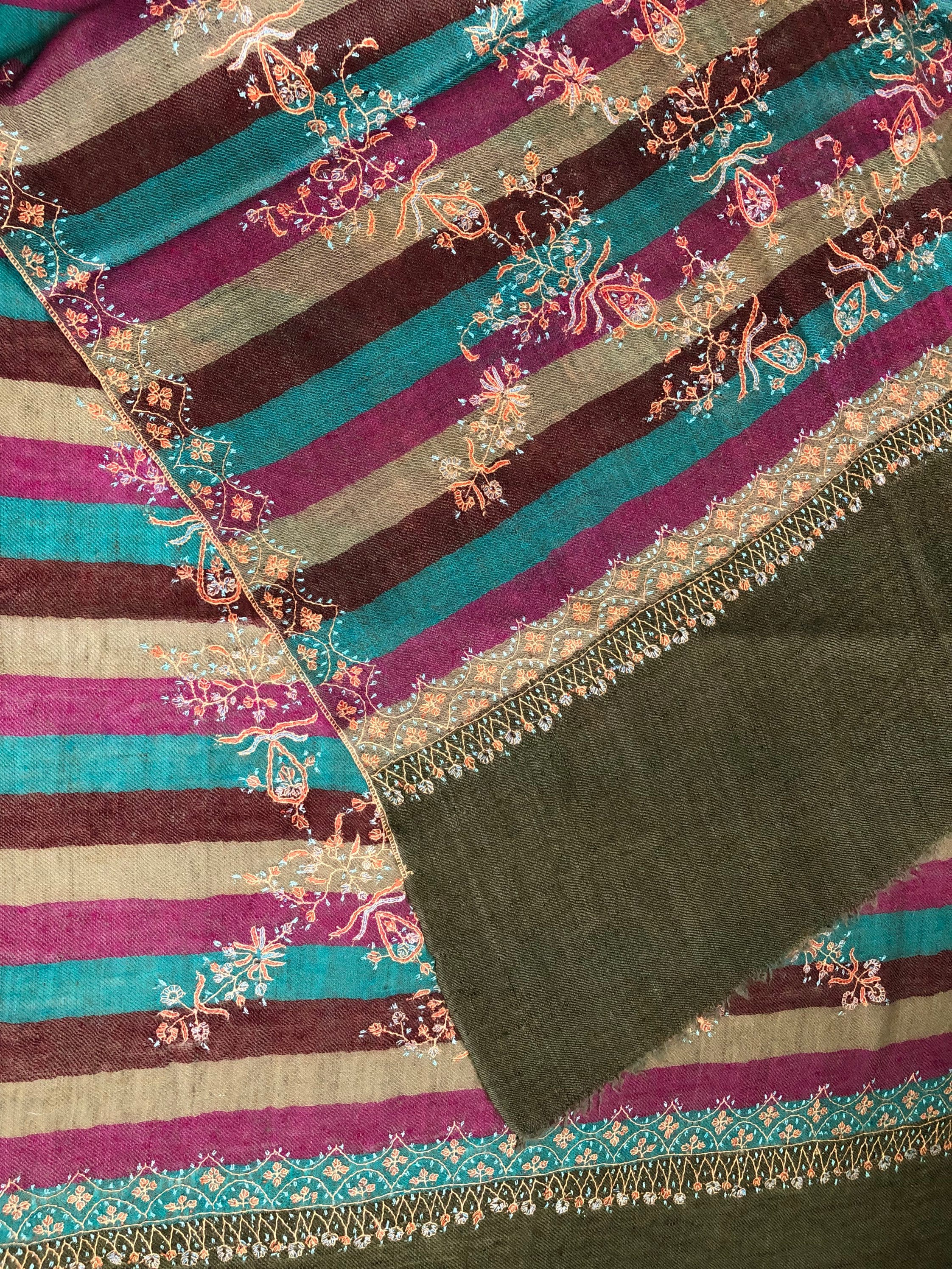Hand Embroidered Cashmere Pashmina Stole: Multicoloured Stripes