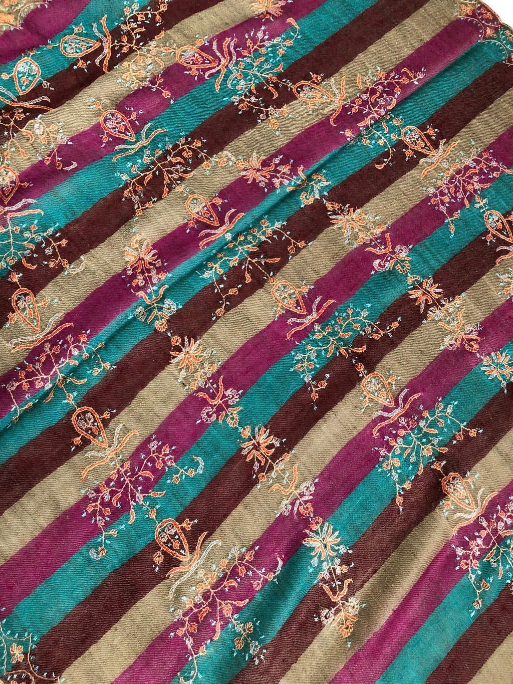 teacher gift Multicoloured stripes modern design micro fine hand embroidered real cashmere pashmina stole shawl - Mehraj Crafts 