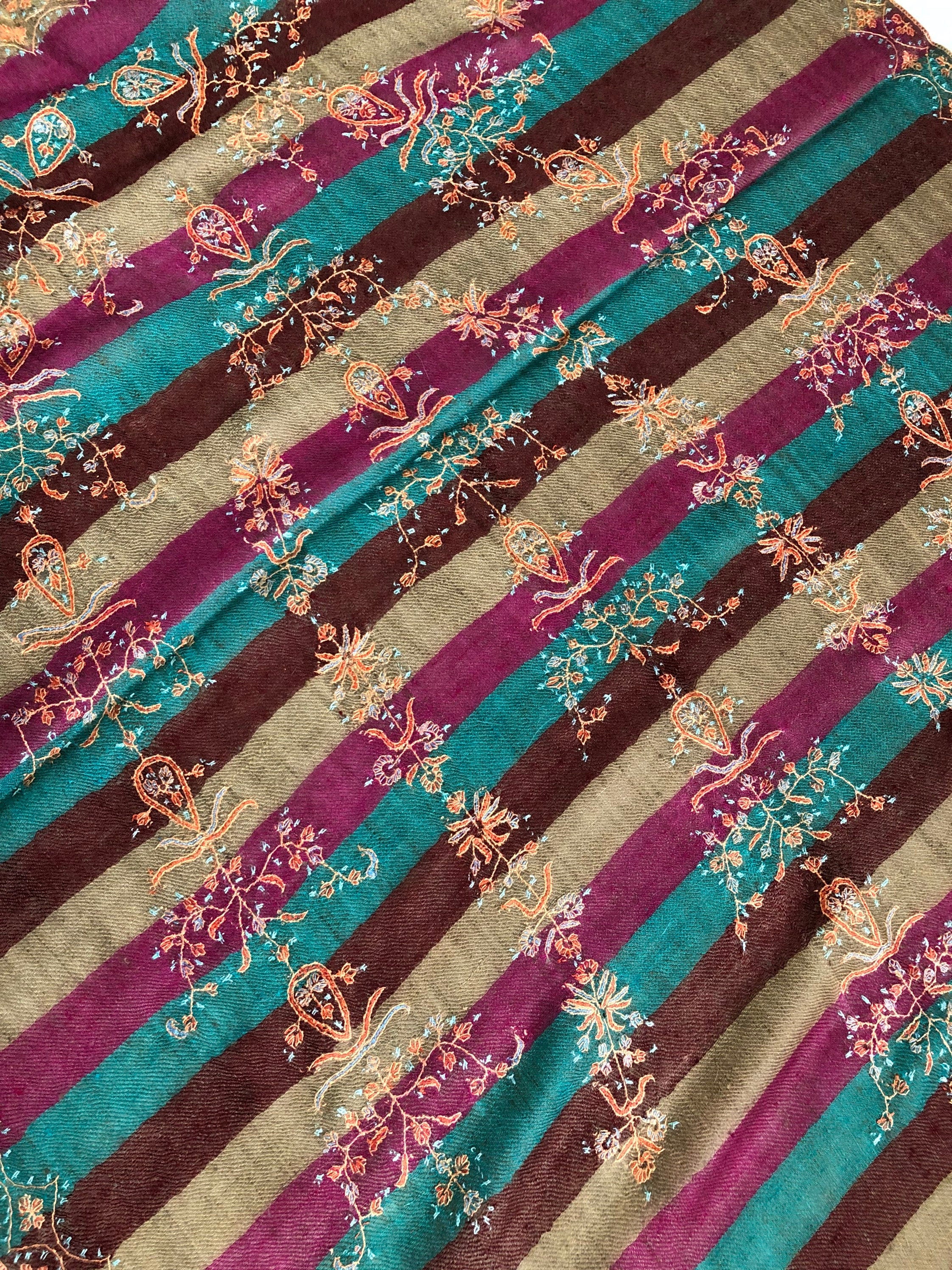 teacher gift Multicoloured stripes modern design micro fine hand embroidered real cashmere pashmina stole shawl - Mehraj Crafts 