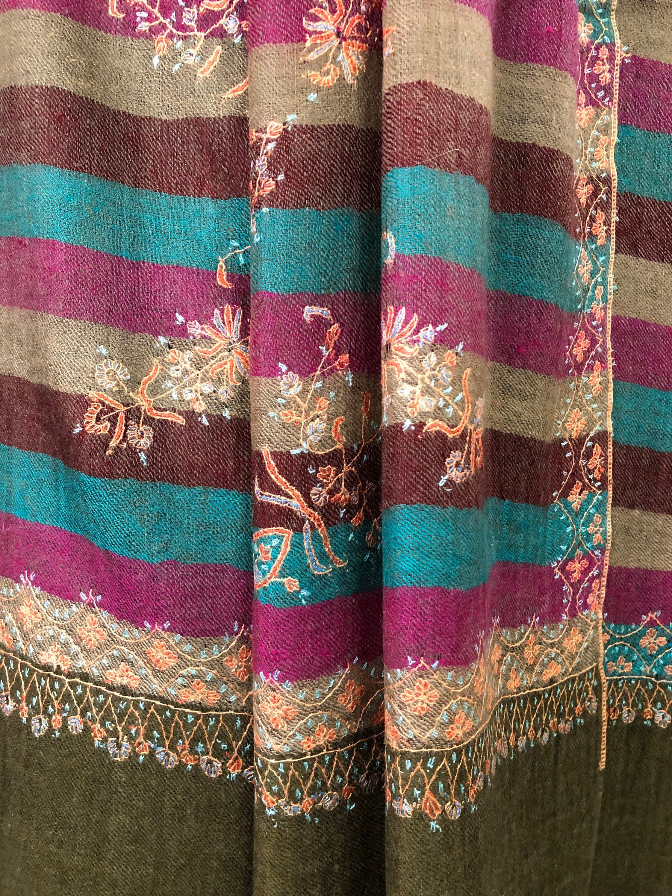 teacher gift Multicoloured stripes modern design micro fine hand embroidered real cashmere pashmina stole shawl - Mehraj Crafts 