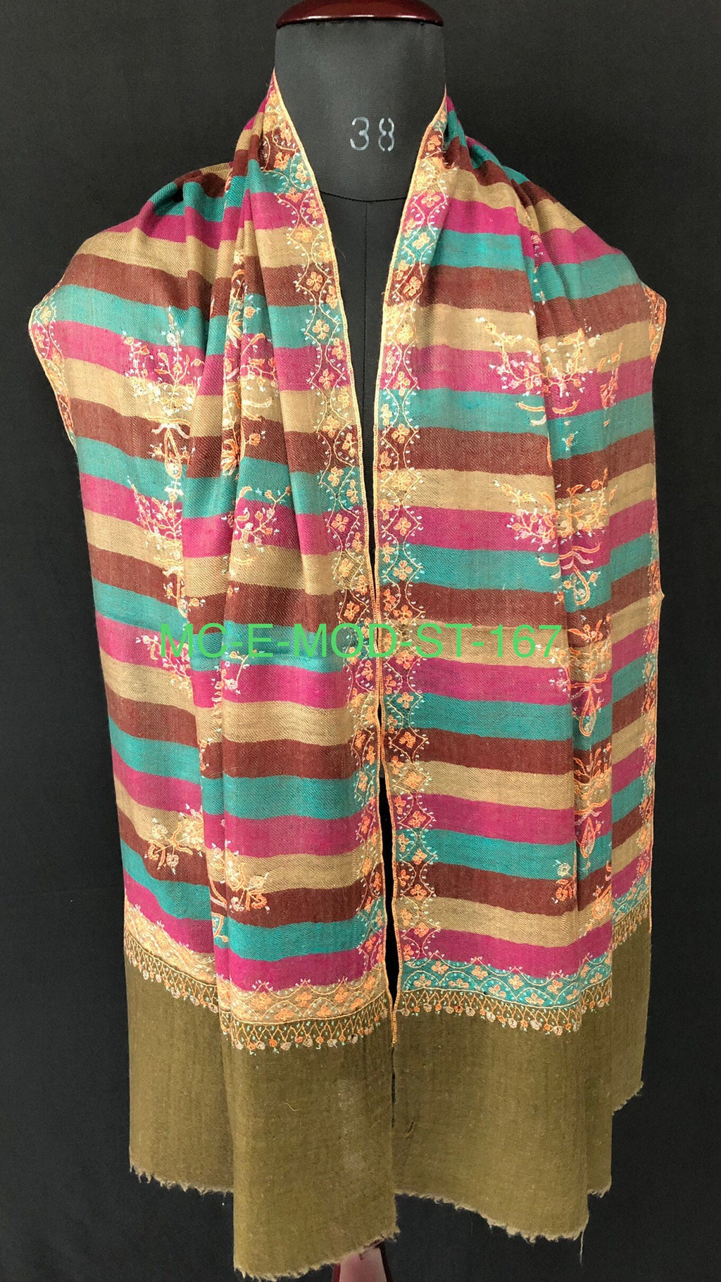 teacher gift Multicoloured stripes modern design micro fine hand embroidered real cashmere pashmina stole shawl - Mehraj Crafts 