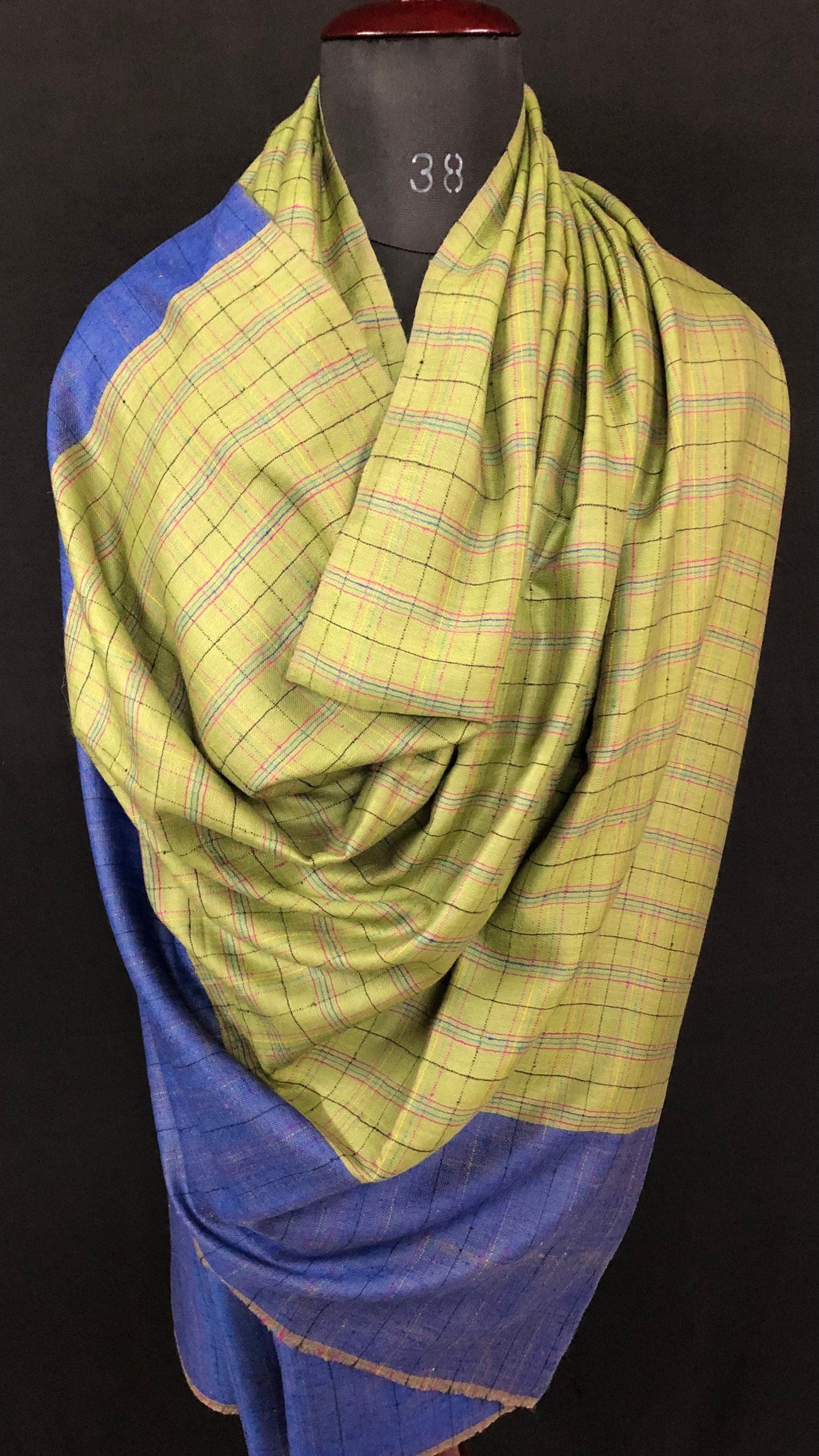 Greenery handwoven reversible checkered ladakhi real cashmere pashmina shawl wrap - Mehraj Crafts 