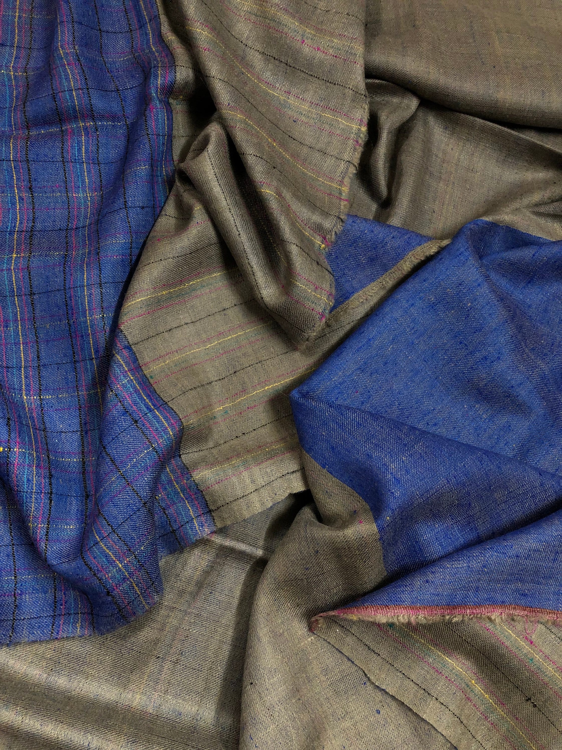 Handwoven Reversible Cashmere Pashmina Shawl: Blue Check & Taupe Gray