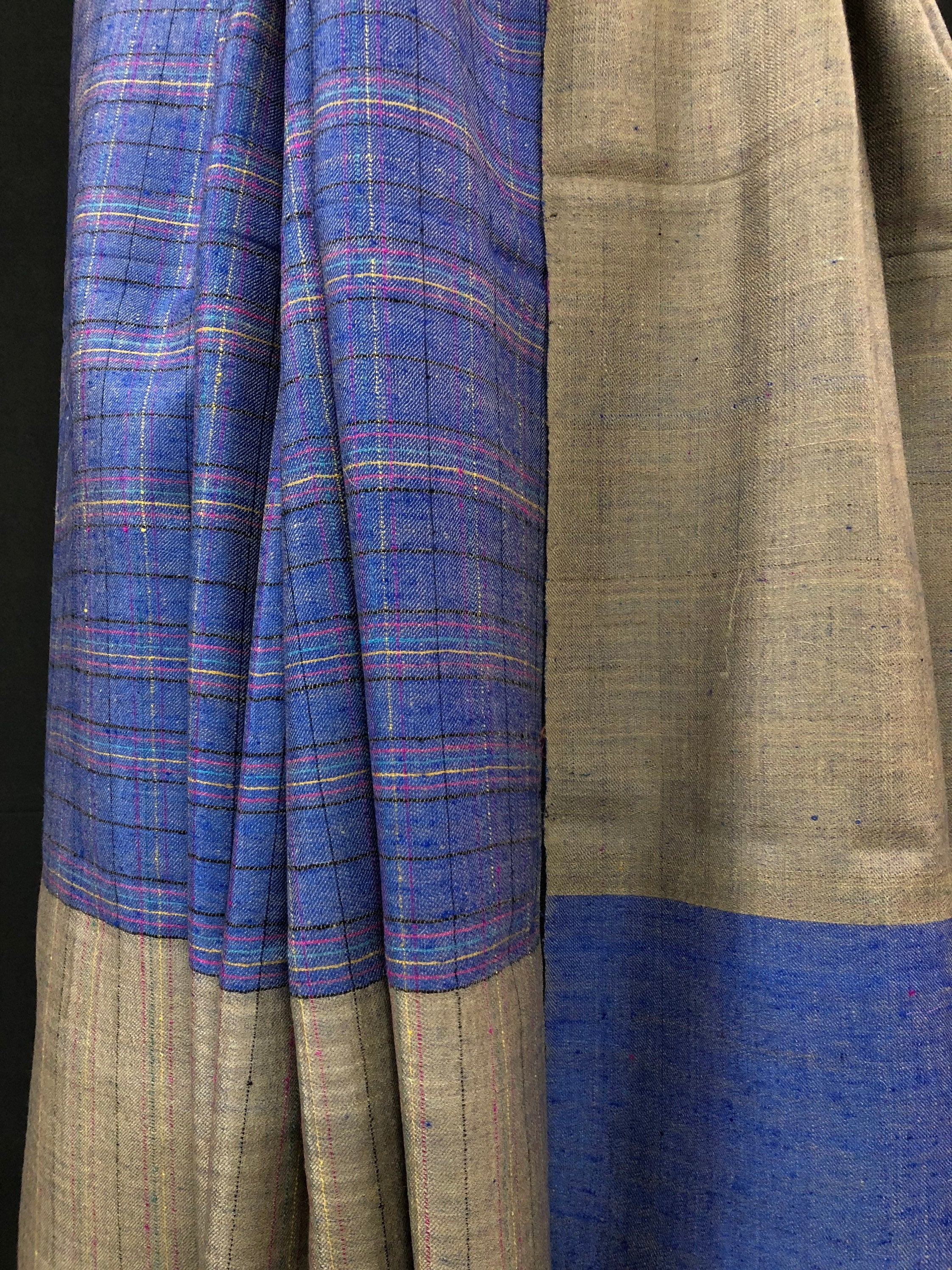 Reversible Pashmina shawlNautical blue check and taupe gray handwoven reversible  ladakhi real cashmere pashmina shawl wrap - Mehraj Crafts 