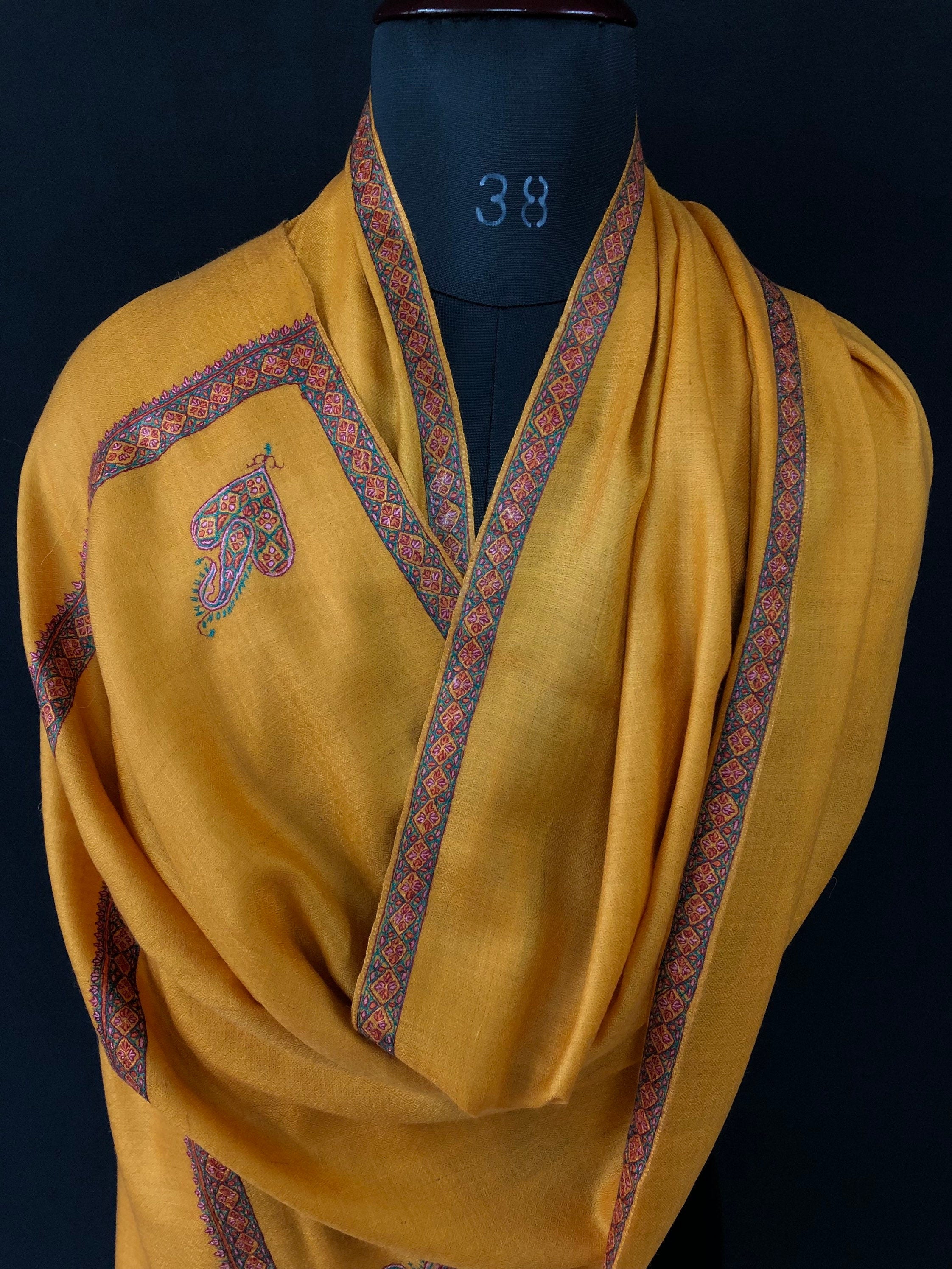 Cadmium yellow sozni super fine hand Embroidered border handwoven real cashmere pashmina stole scarf shawl - Mehraj Crafts 