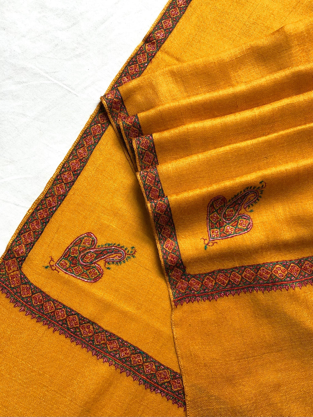 Cadmium yellow sozni super fine hand Embroidered border handwoven real cashmere pashmina stole scarf shawl - Mehraj Crafts 