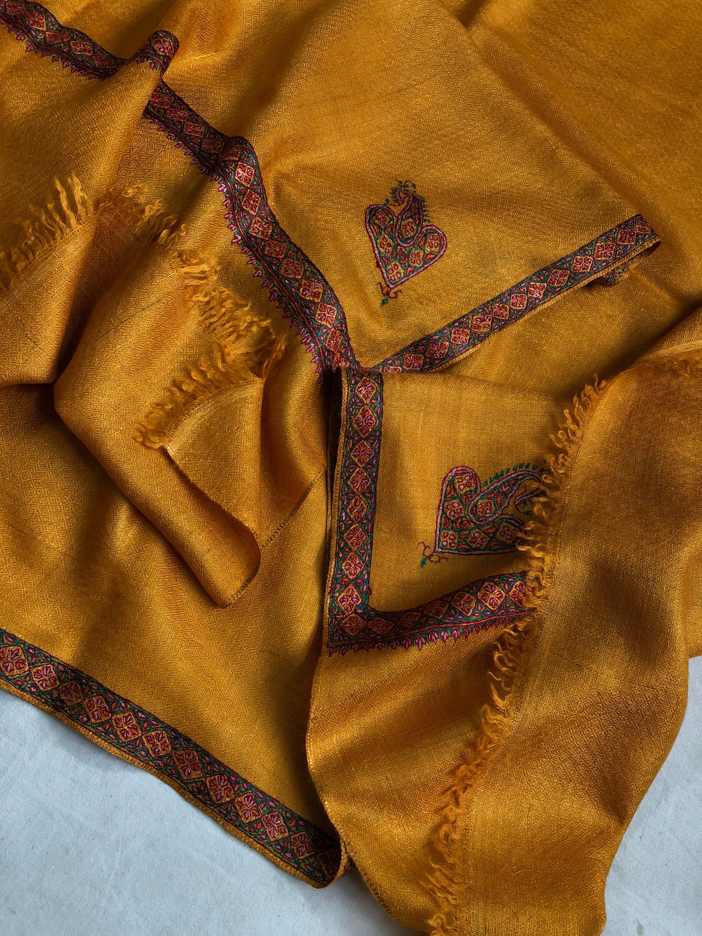 Cadmium yellow sozni super fine hand Embroidered border handwoven real cashmere pashmina stole scarf shawl - Mehraj Crafts 