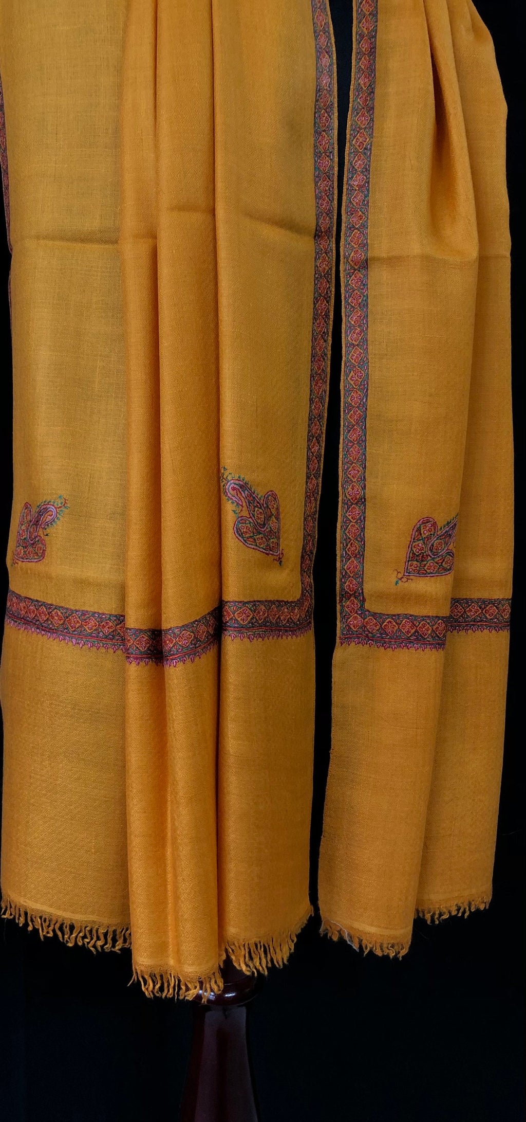 Cadmium yellow sozni super fine hand Embroidered border handwoven real cashmere pashmina stole scarf shawl - Mehraj Crafts 