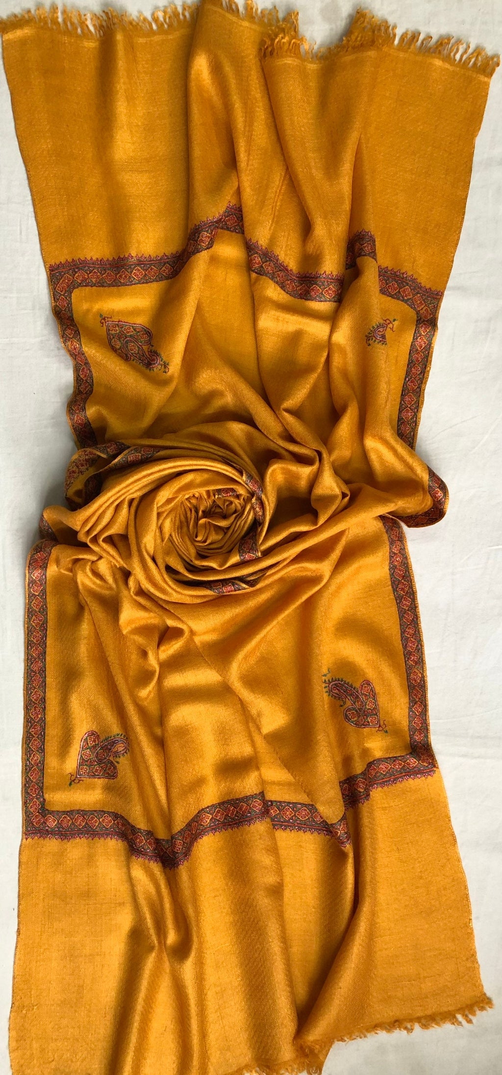 Cadmium yellow sozni super fine hand Embroidered border handwoven real cashmere pashmina stole scarf shawl - Mehraj Crafts 