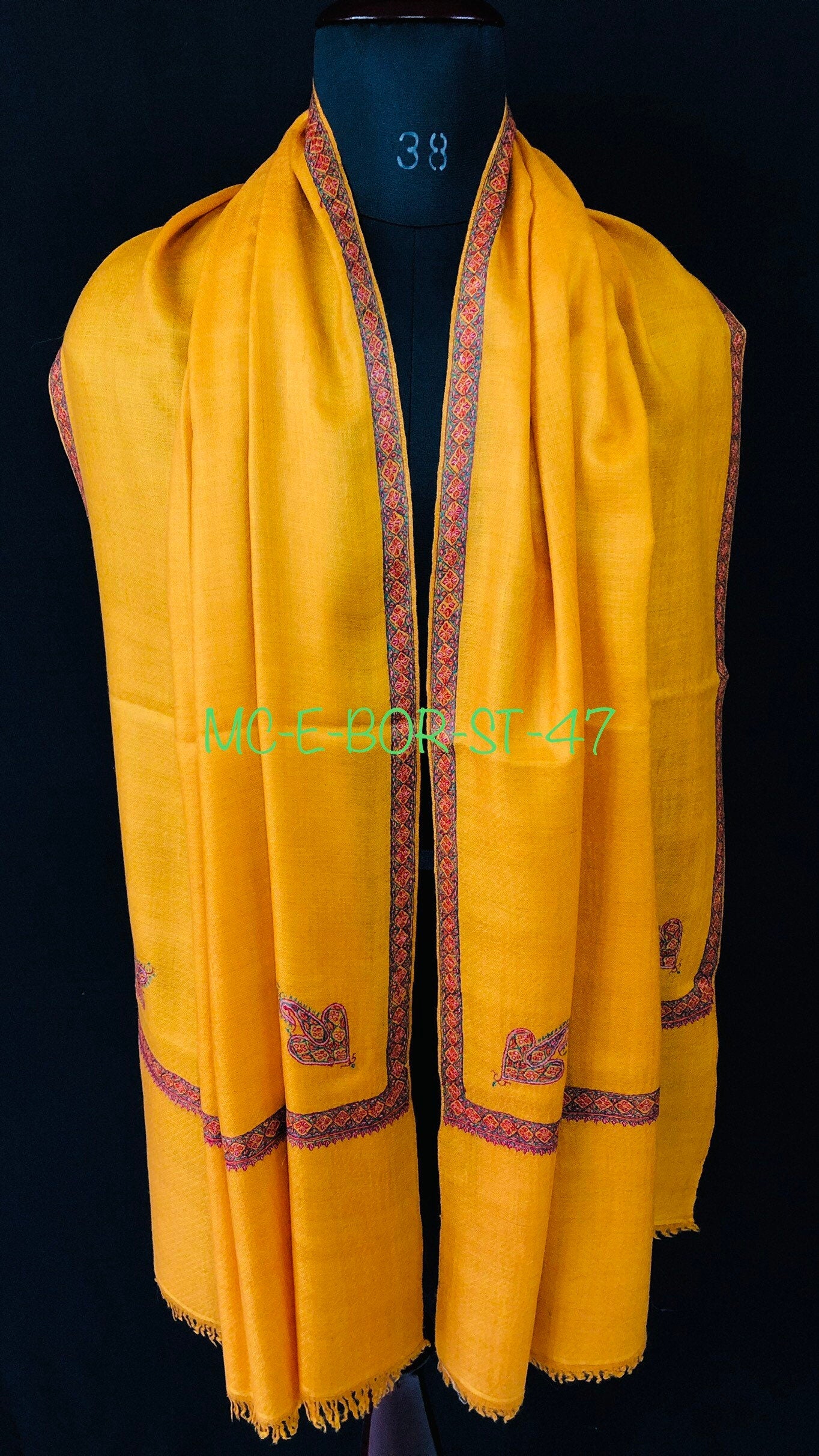 Cadmium yellow sozni super fine hand Embroidered border handwoven real cashmere pashmina stole scarf shawl - Mehraj Crafts 