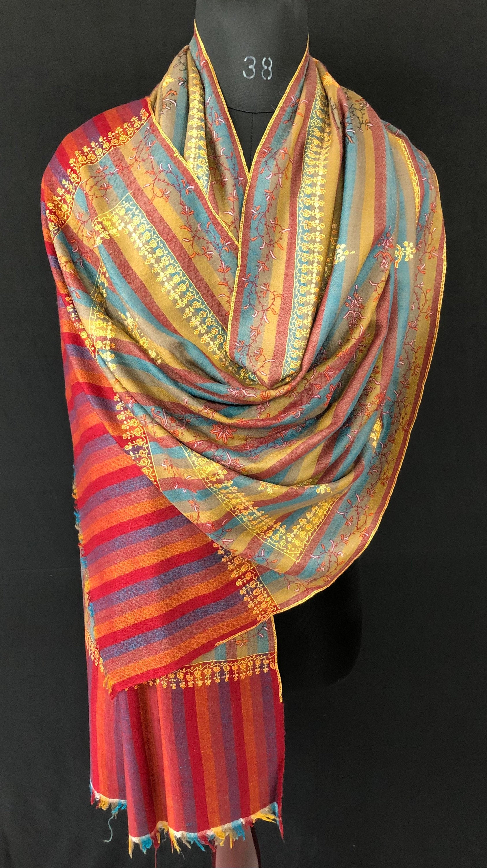 Pashmina cyber monday Multitrack pencil stripes modern design super micro fine hand embroidered real cashmere pashmina stole shawl - Mehraj Crafts 