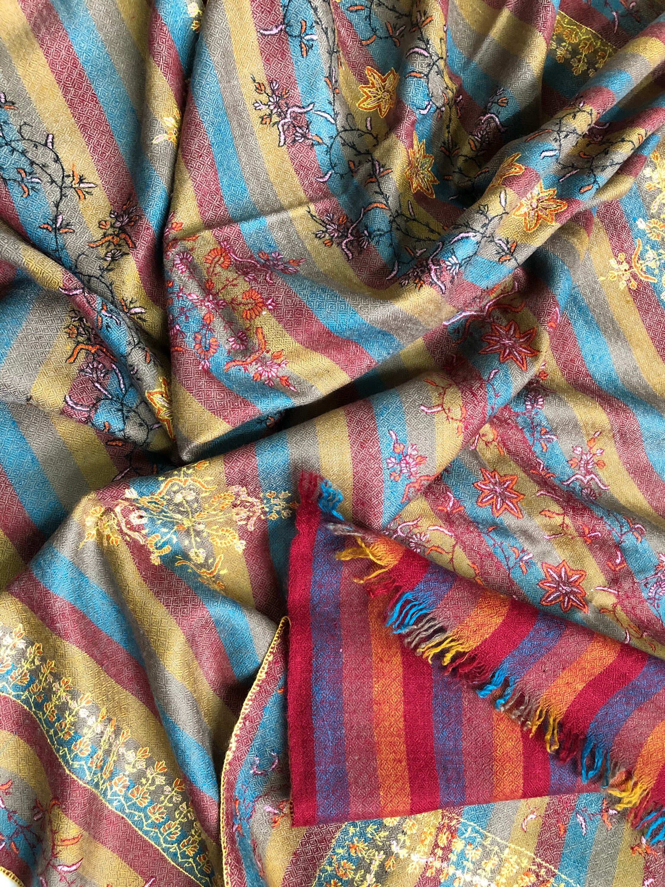 Pashmina cyber monday Multitrack pencil stripes modern design super micro fine hand embroidered real cashmere pashmina stole shawl - Mehraj Crafts 