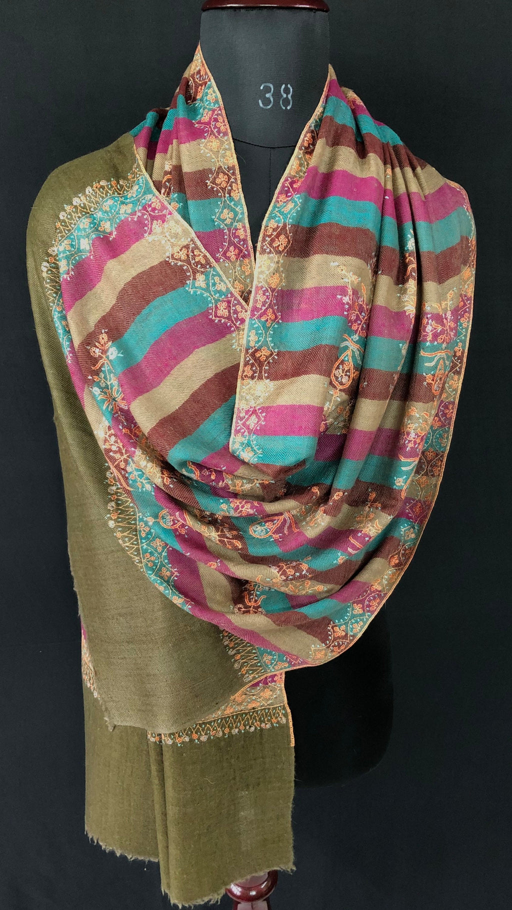 teacher gift Multicoloured stripes modern design micro fine hand embroidered real cashmere pashmina stole shawl - Mehraj Crafts 