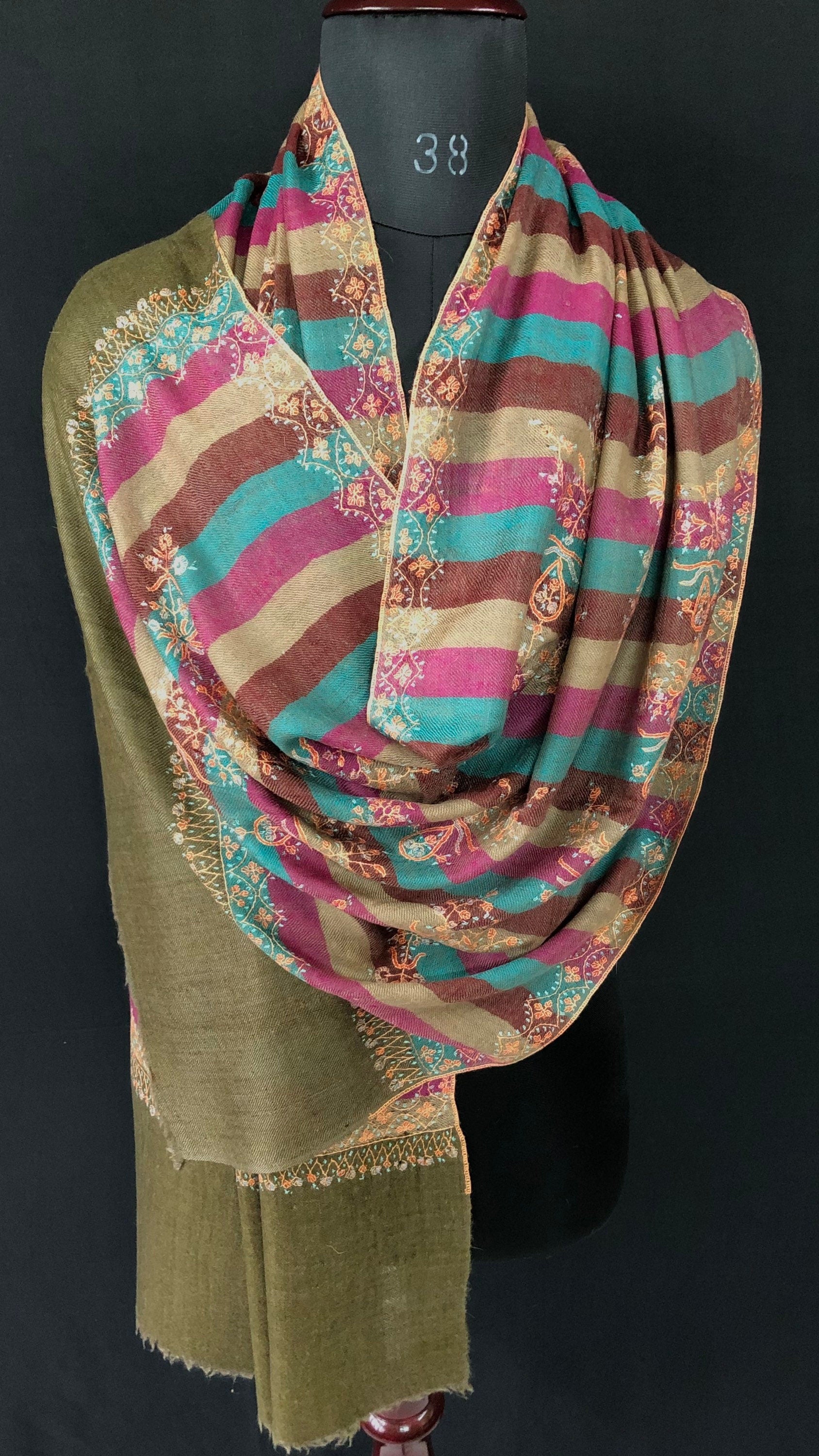 teacher gift Multicoloured stripes modern design micro fine hand embroidered real cashmere pashmina stole shawl - Mehraj Crafts 