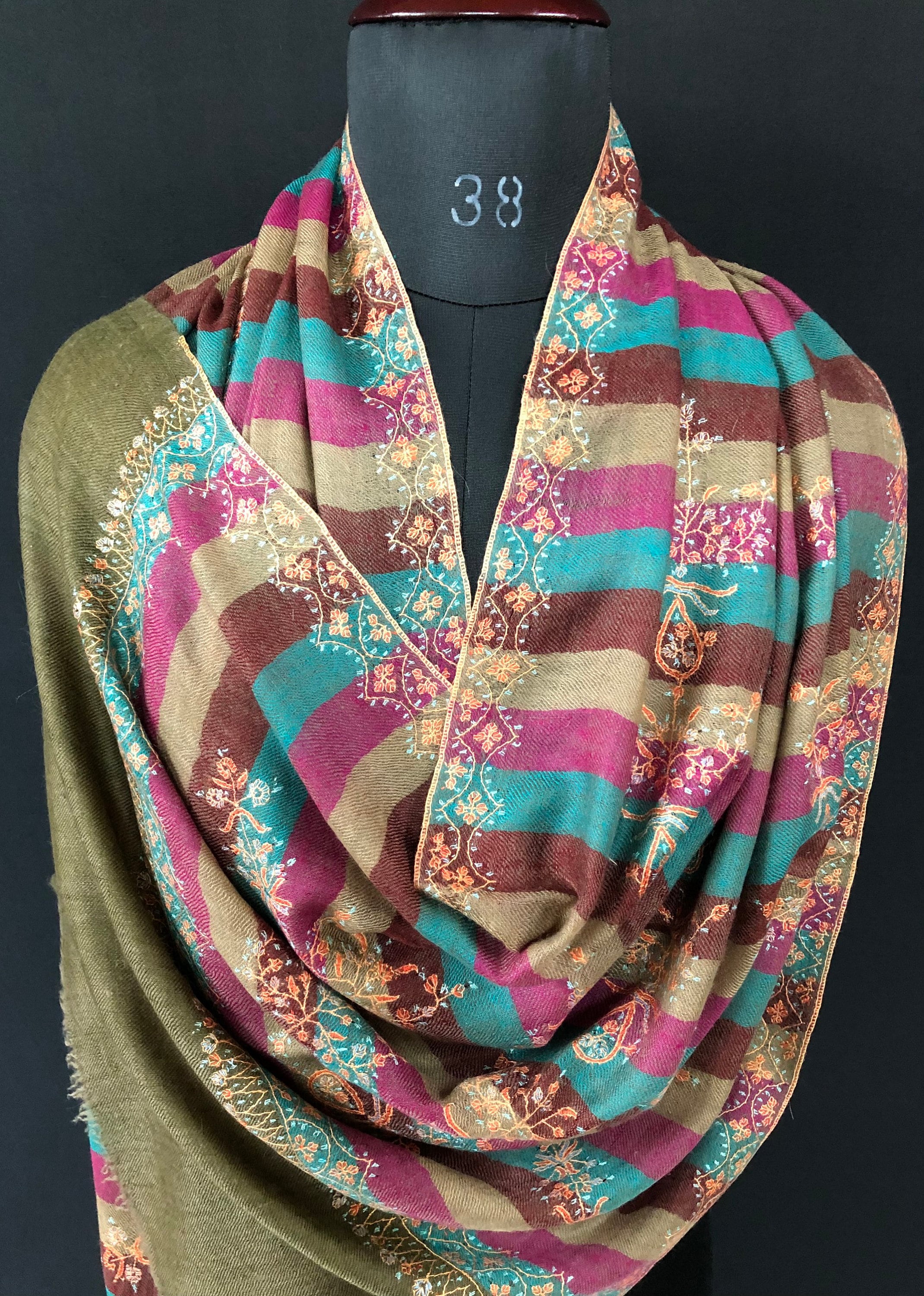 teacher gift Multicoloured stripes modern design micro fine hand embroidered real cashmere pashmina stole shawl - Mehraj Crafts 