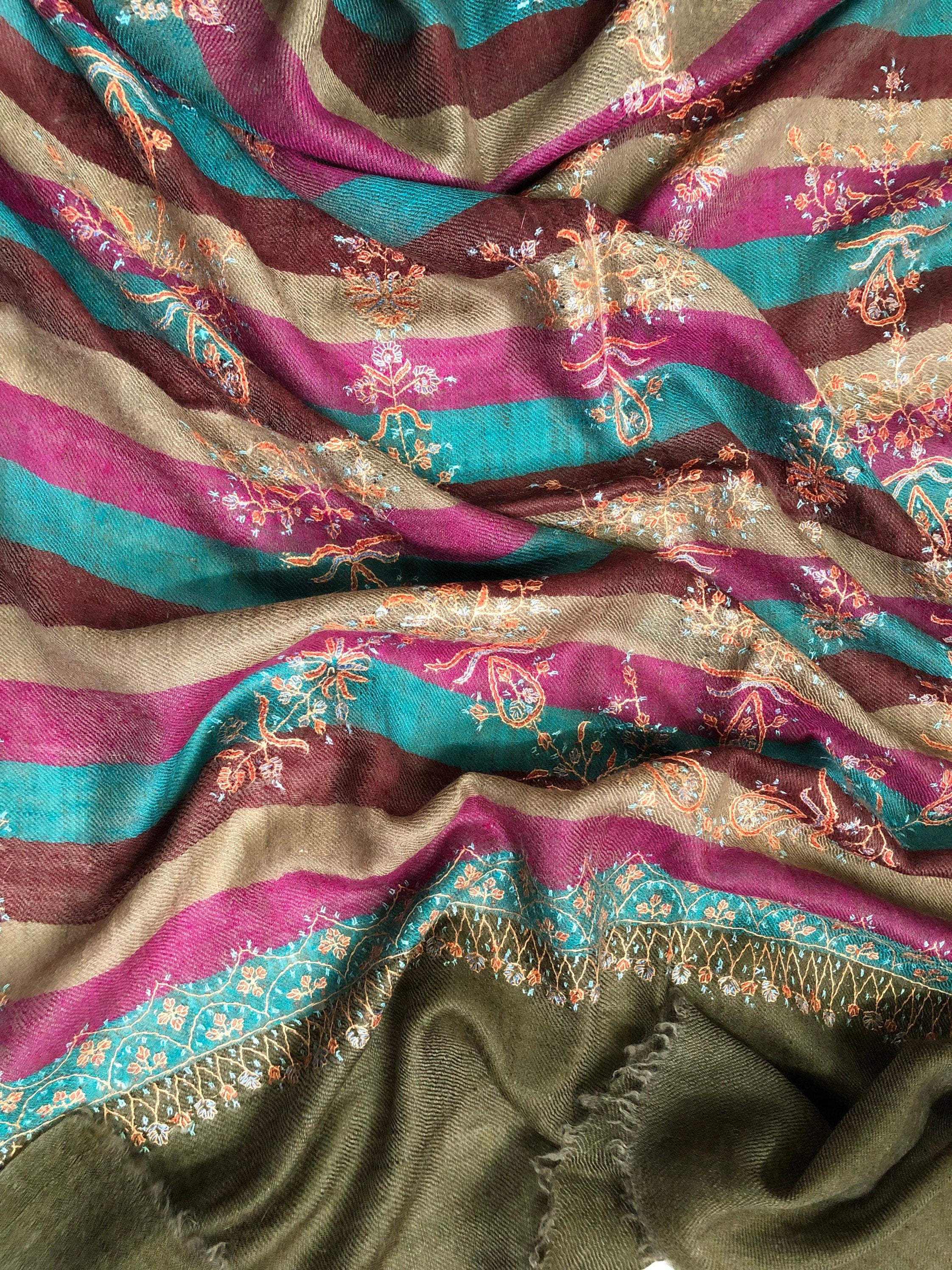 teacher gift Multicoloured stripes modern design micro fine hand embroidered real cashmere pashmina stole shawl - Mehraj Crafts 