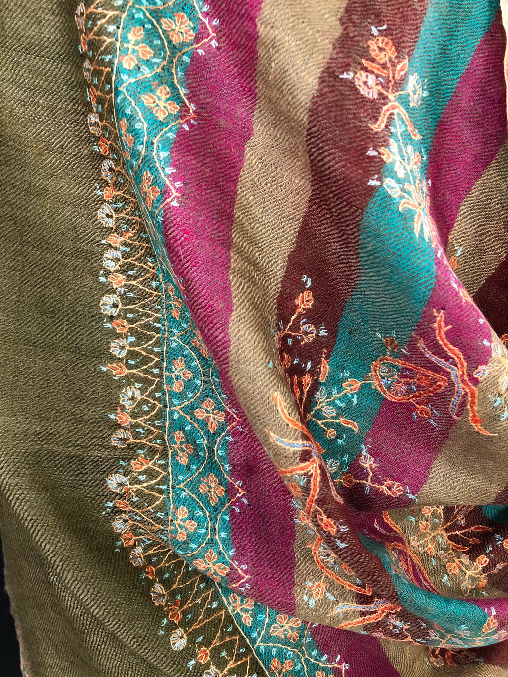 teacher gift Multicoloured stripes modern design micro fine hand embroidered real cashmere pashmina stole shawl - Mehraj Crafts 