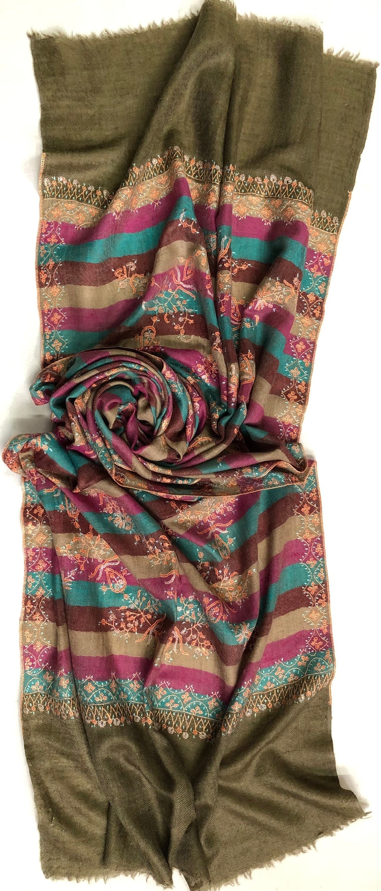 teacher gift Multicoloured stripes modern design micro fine hand embroidered real cashmere pashmina stole shawl - Mehraj Crafts 