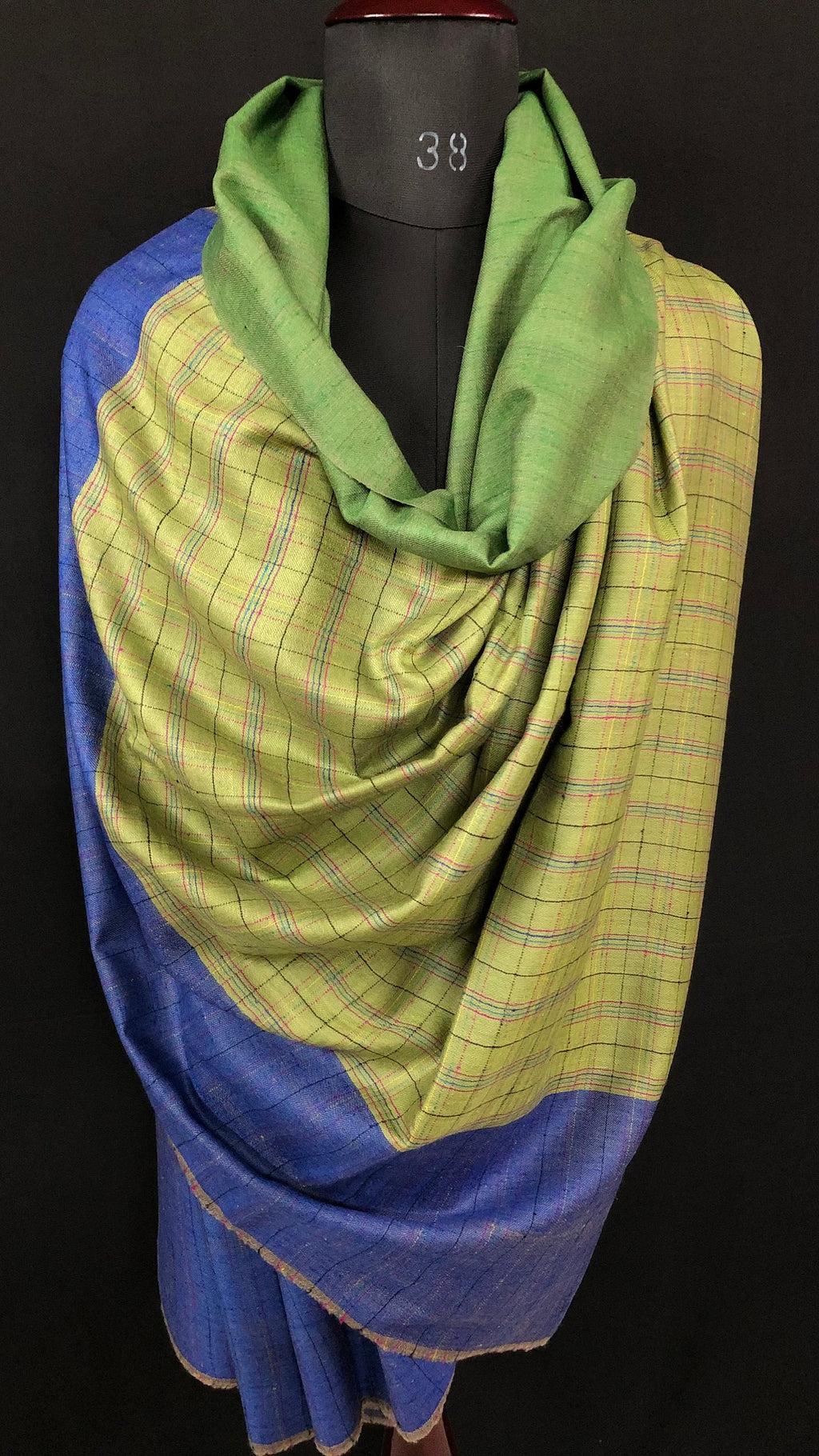 Greenery handwoven reversible checkered ladakhi real cashmere pashmina shawl wrap - Mehraj Crafts 