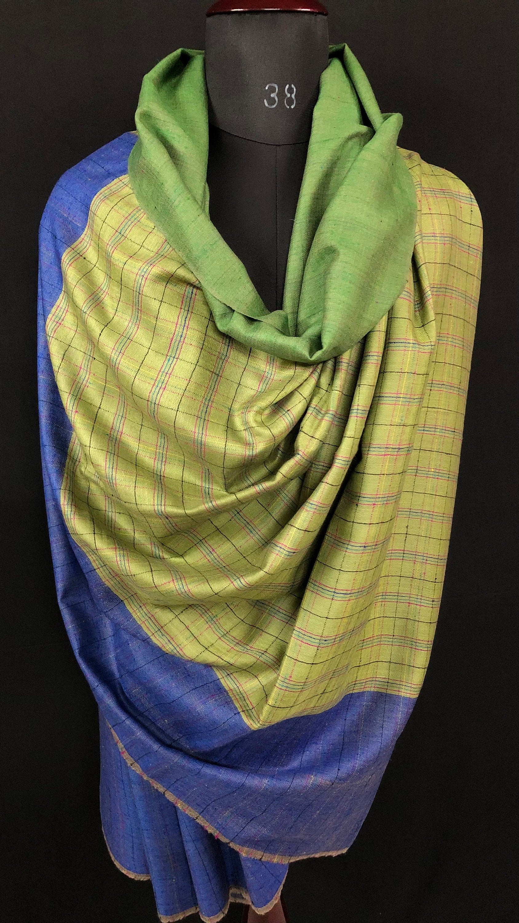Greenery handwoven reversible checkered ladakhi real cashmere pashmina shawl wrap - Mehraj Crafts 