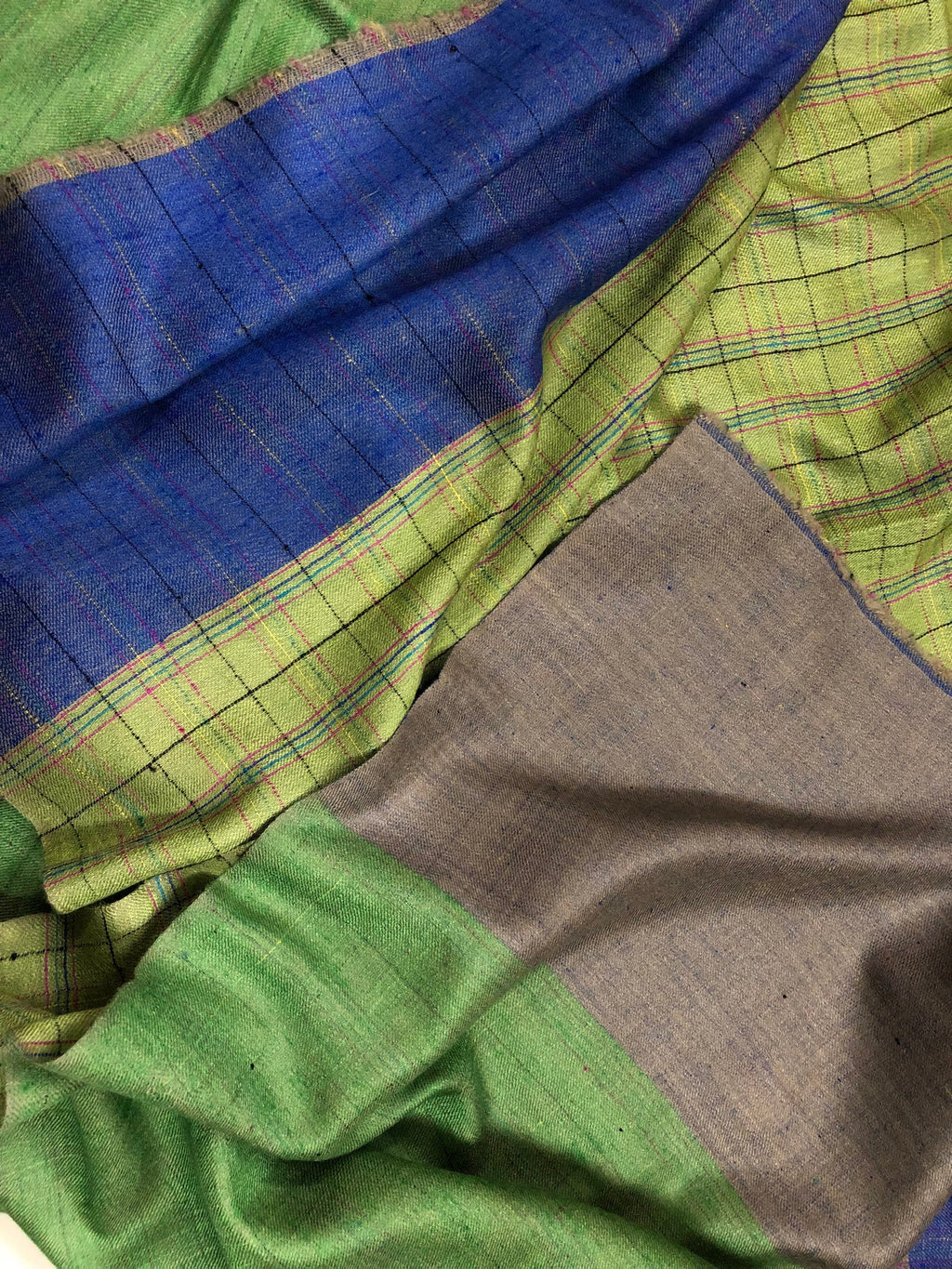 Greenery handwoven reversible checkered ladakhi real cashmere pashmina shawl wrap - Mehraj Crafts 