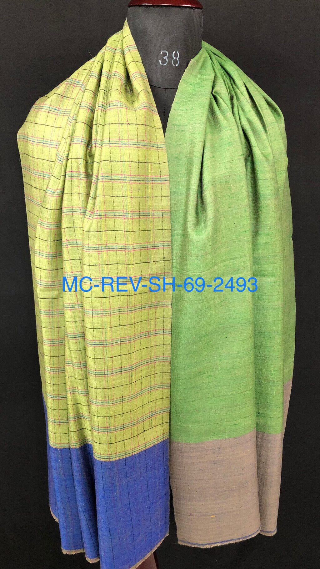 Greenery handwoven reversible checkered ladakhi real cashmere pashmina shawl wrap - Mehraj Crafts 