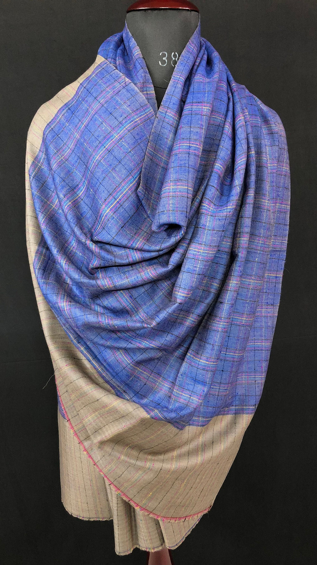 Reversible Pashmina shawlNautical blue check and taupe gray handwoven reversible  ladakhi real cashmere pashmina shawl wrap - Mehraj Crafts 