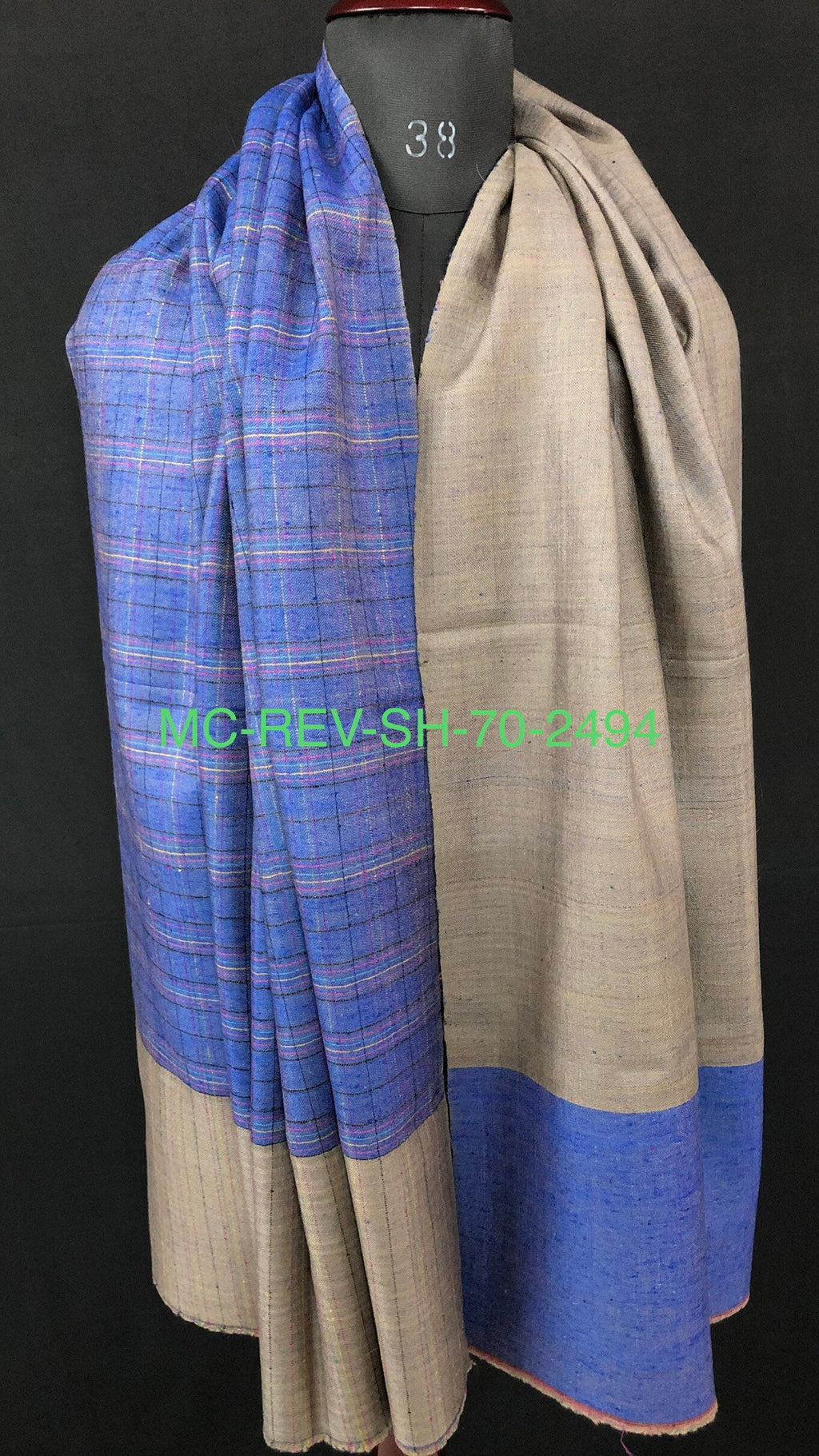Handwoven Reversible Cashmere Pashmina Shawl: Blue Check & Taupe Gray