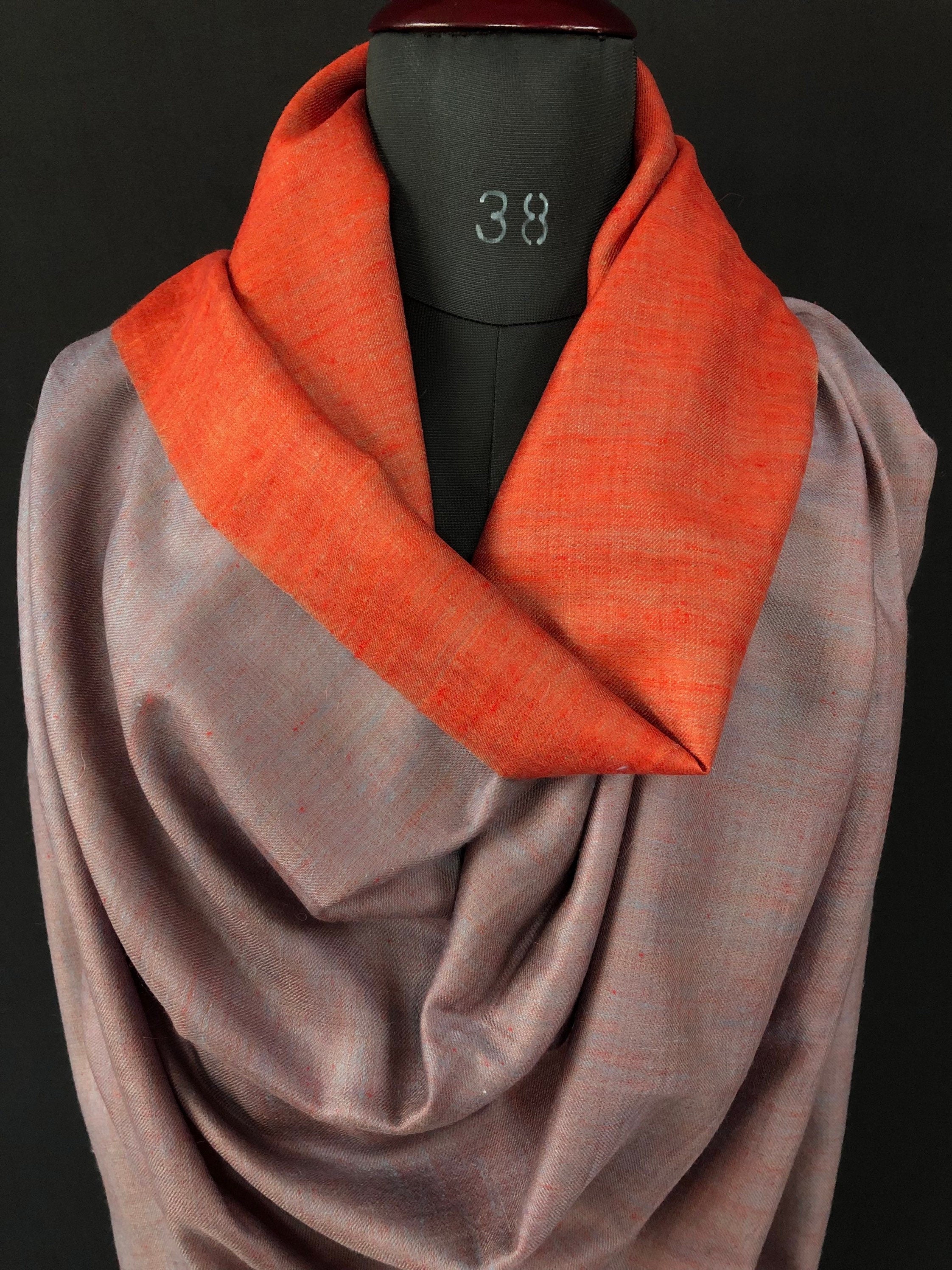 Boxing day Lavender grey and orange rust handwoven reversible  ladakhi real cashmere pashmina shawl wrap - Mehraj Crafts 
