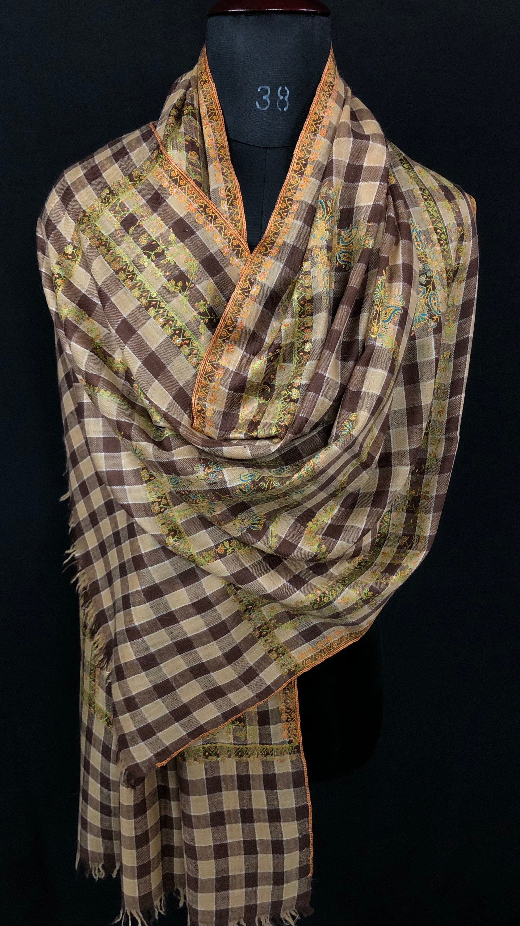 New Year's Eve Brown checkered Modern Design mice fine Embroidery Handmade Real Cashmere Pashmina Stole - Mehraj Crafts 