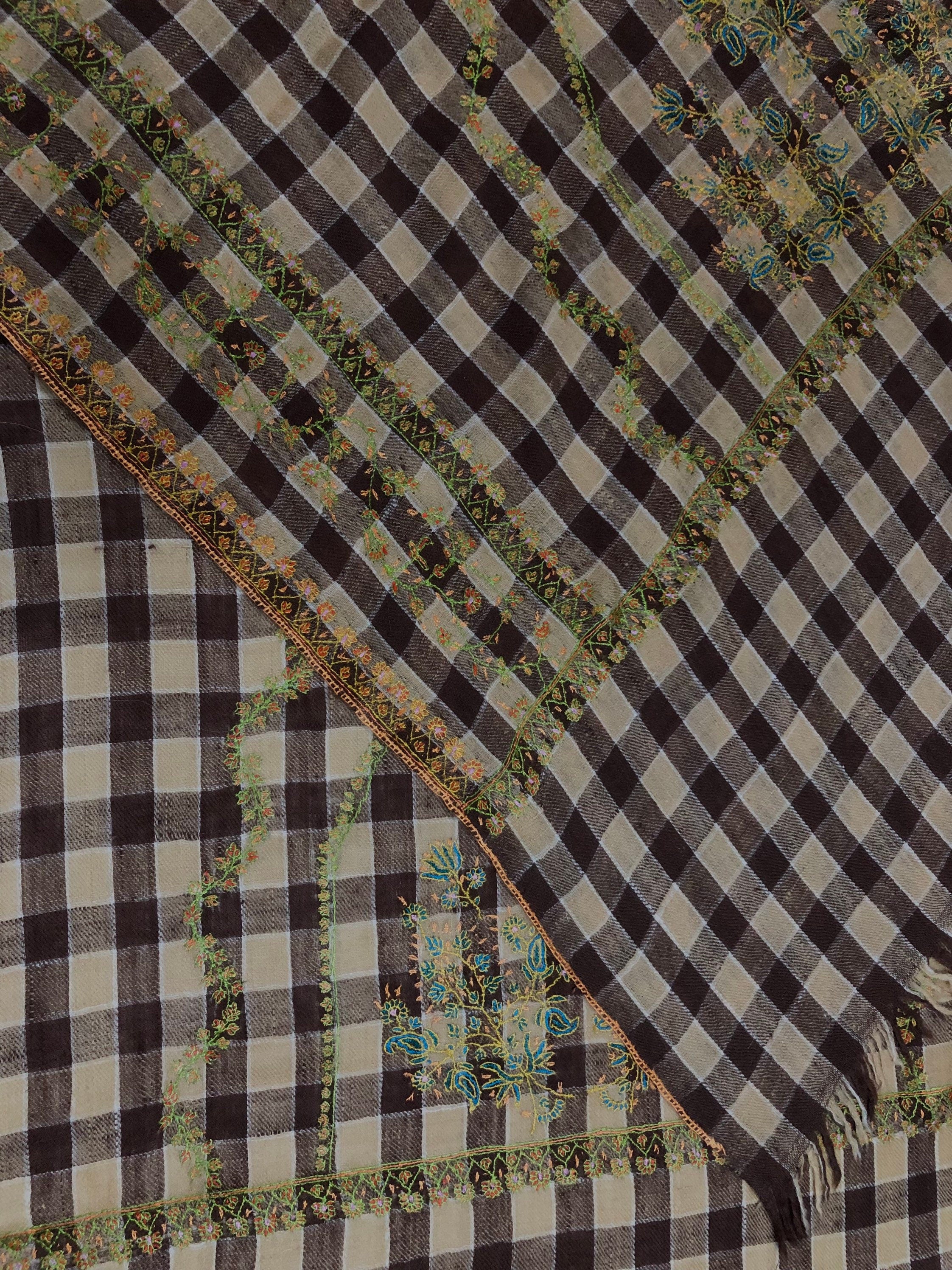 New Year's Eve Brown checkered Modern Design mice fine Embroidery Handmade Real Cashmere Pashmina Stole - Mehraj Crafts 