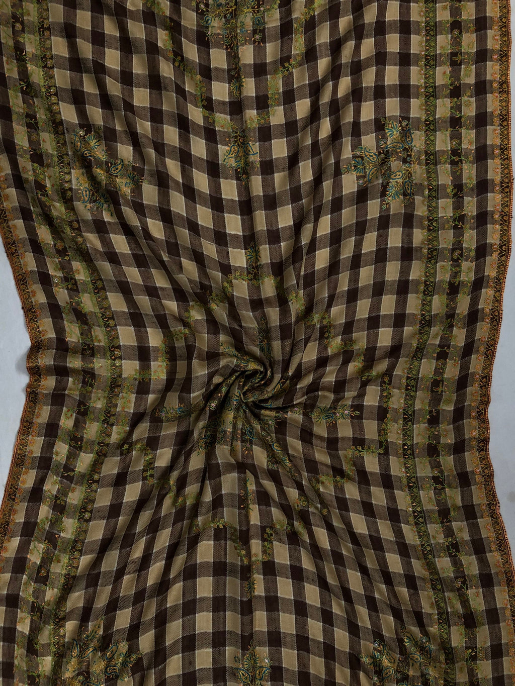 New Year's Eve Brown checkered Modern Design mice fine Embroidery Handmade Real Cashmere Pashmina Stole - Mehraj Crafts 