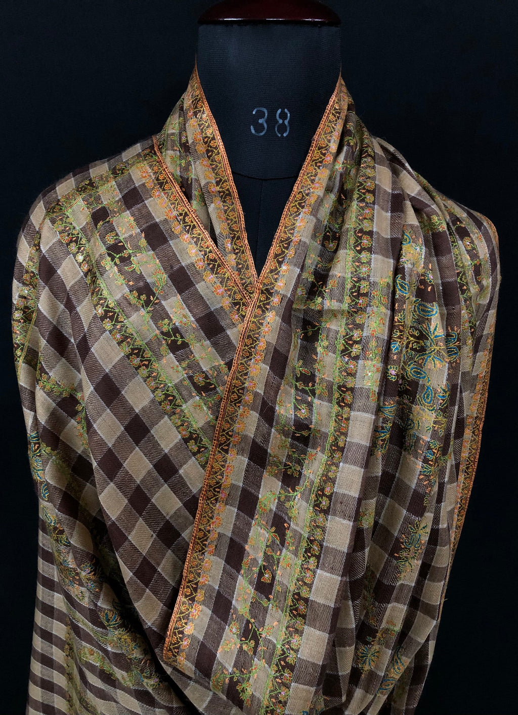 New Year's Eve Brown checkered Modern Design mice fine Embroidery Handmade Real Cashmere Pashmina Stole - Mehraj Crafts 