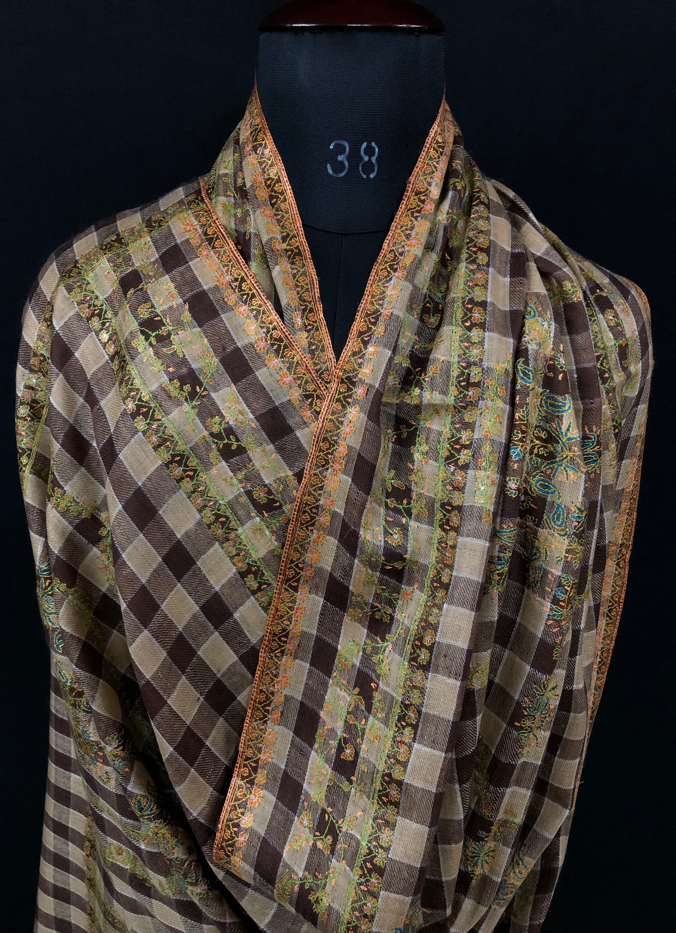 New Year's Eve Brown checkered Modern Design mice fine Embroidery Handmade Real Cashmere Pashmina Stole - Mehraj Crafts 