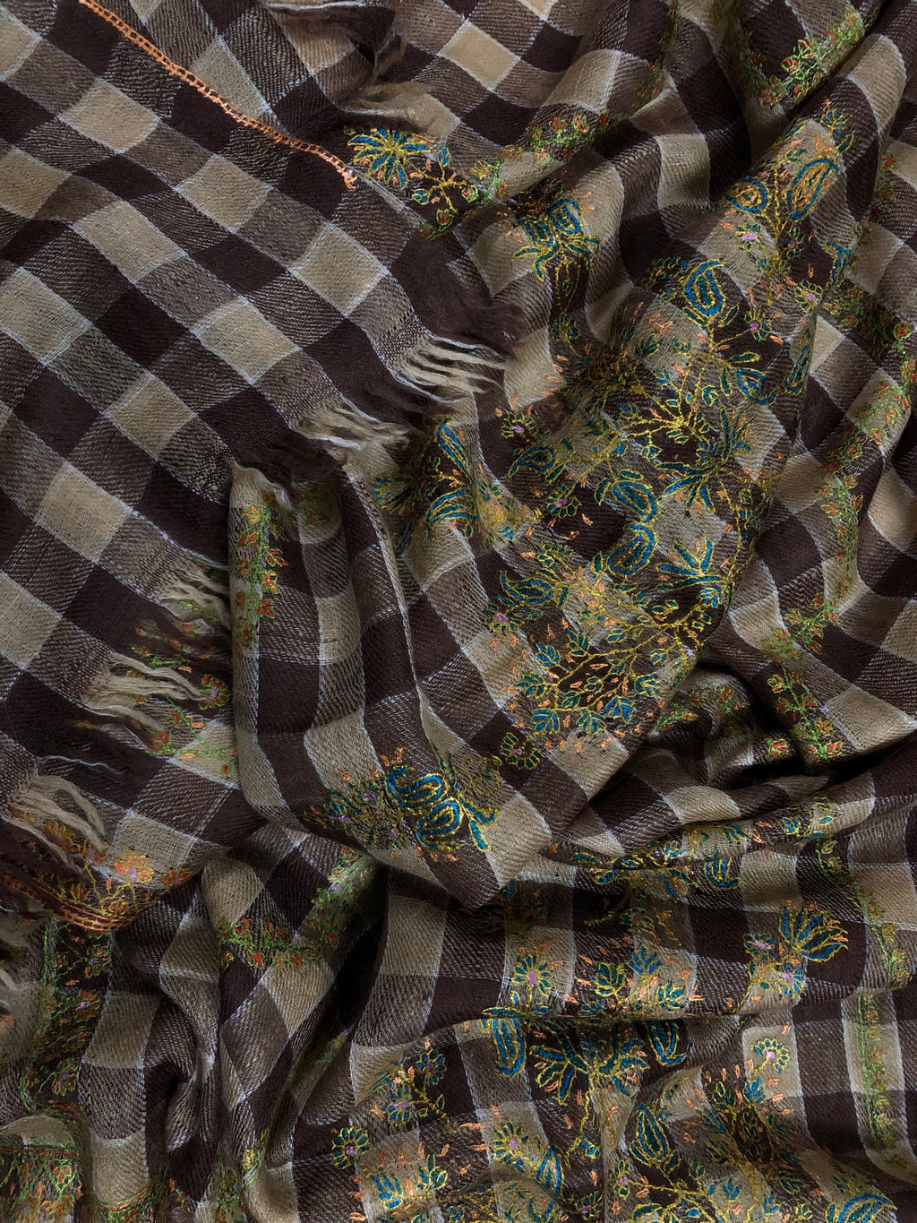 New Year's Eve Brown checkered Modern Design mice fine Embroidery Handmade Real Cashmere Pashmina Stole - Mehraj Crafts 