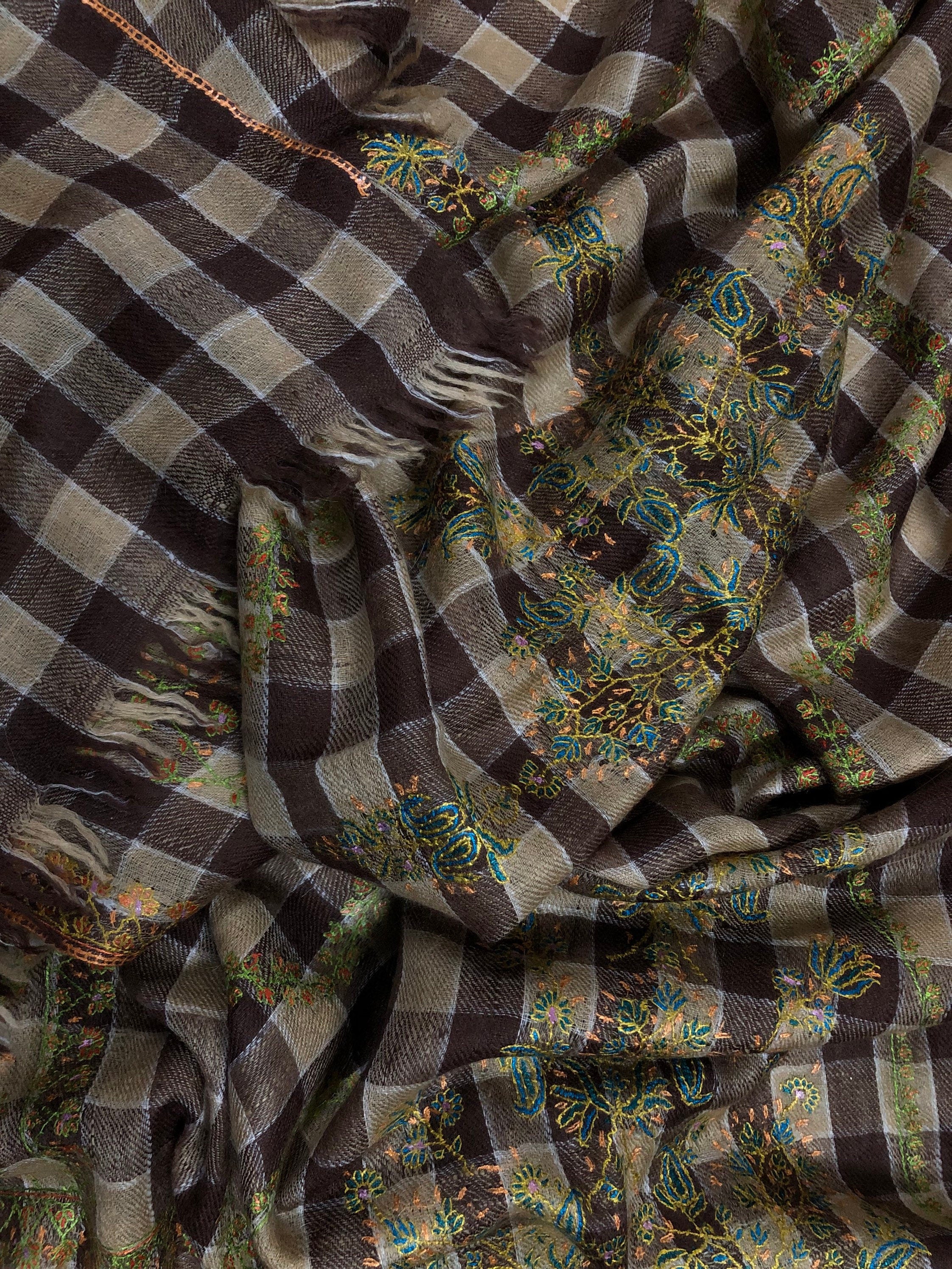 New Year's Eve Brown checkered Modern Design mice fine Embroidery Handmade Real Cashmere Pashmina Stole - Mehraj Crafts 