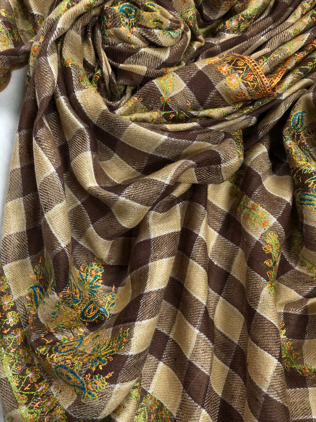 New Year's Eve Brown checkered Modern Design mice fine Embroidery Handmade Real Cashmere Pashmina Stole - Mehraj Crafts 