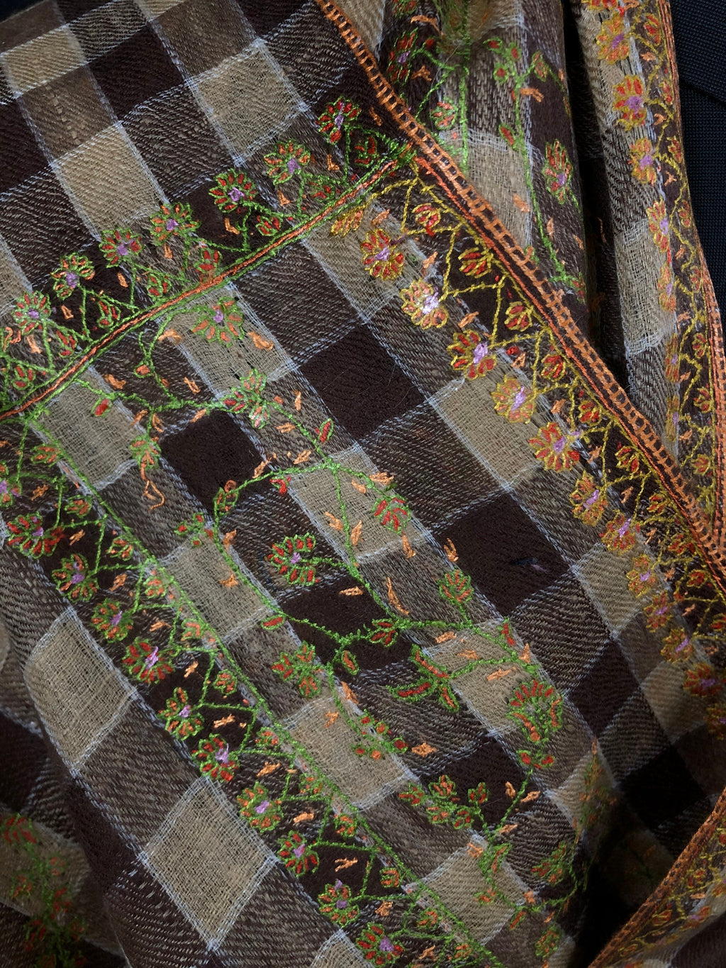 New Year's Eve Brown checkered Modern Design mice fine Embroidery Handmade Real Cashmere Pashmina Stole - Mehraj Crafts 