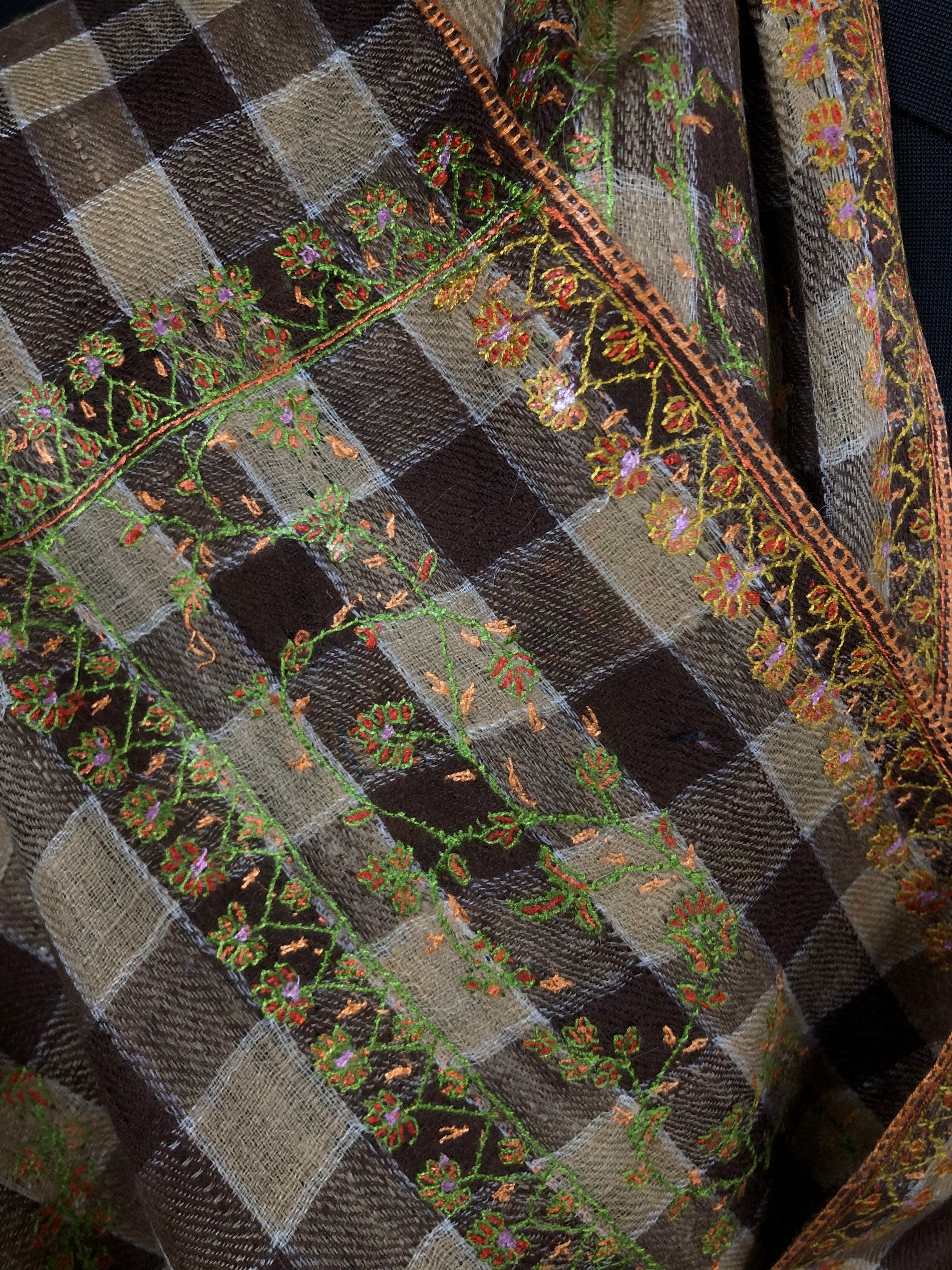 New Year's Eve Brown checkered Modern Design mice fine Embroidery Handmade Real Cashmere Pashmina Stole - Mehraj Crafts 