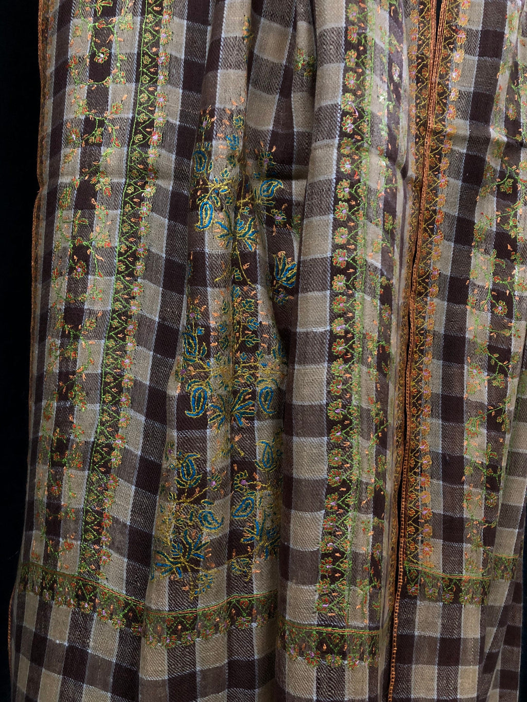 New Year's Eve Brown checkered Modern Design mice fine Embroidery Handmade Real Cashmere Pashmina Stole - Mehraj Crafts 