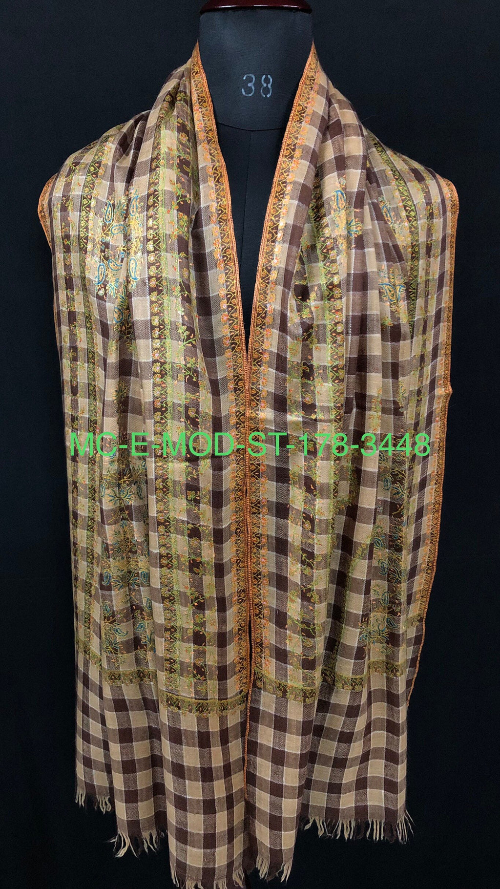 New Year's Eve Brown checkered Modern Design mice fine Embroidery Handmade Real Cashmere Pashmina Stole - Mehraj Crafts 