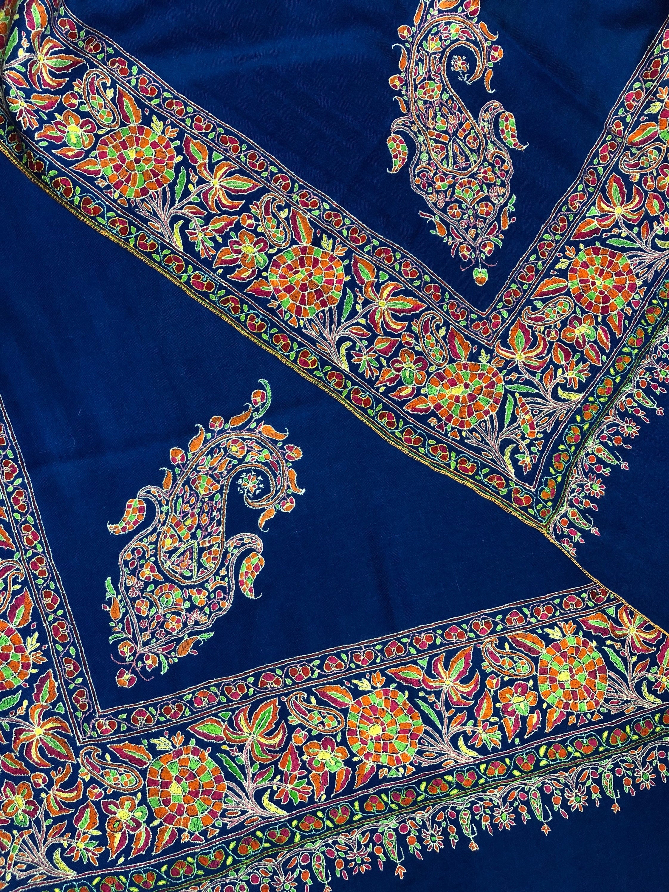 GI Certified Royal Blue Toronto Maple Leafs Extremely Fine Embroidery Handcrafted Real Cashmere Pashmina Shawl - Mehraj Crafts 