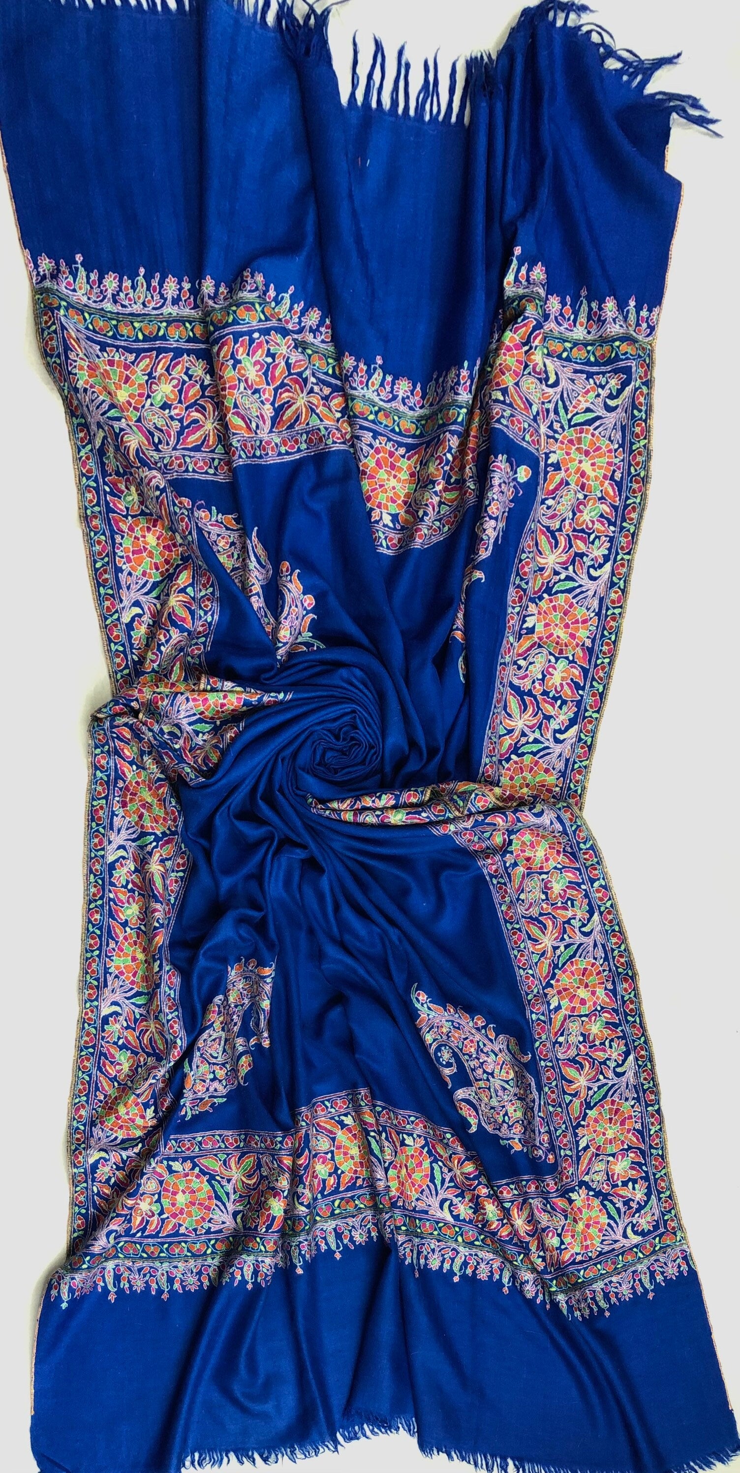 GI Certified Royal Blue Toronto Maple Leafs Extremely Fine Embroidery Handcrafted Real Cashmere Pashmina Shawl - Mehraj Crafts 