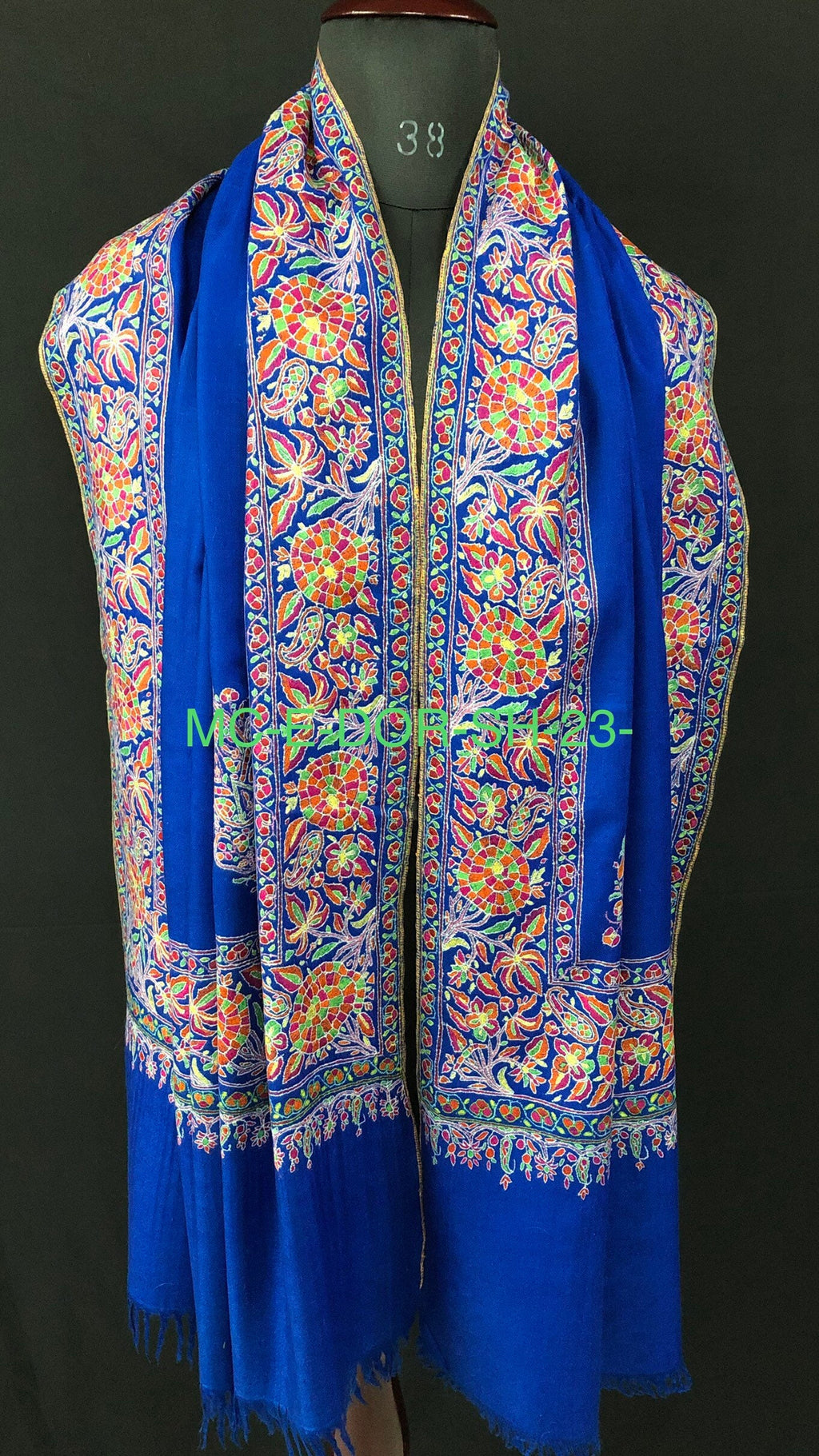 GI Certified Royal Blue Toronto Maple Leafs Extremely Fine Embroidery Handcrafted Real Cashmere Pashmina Shawl - Mehraj Crafts 