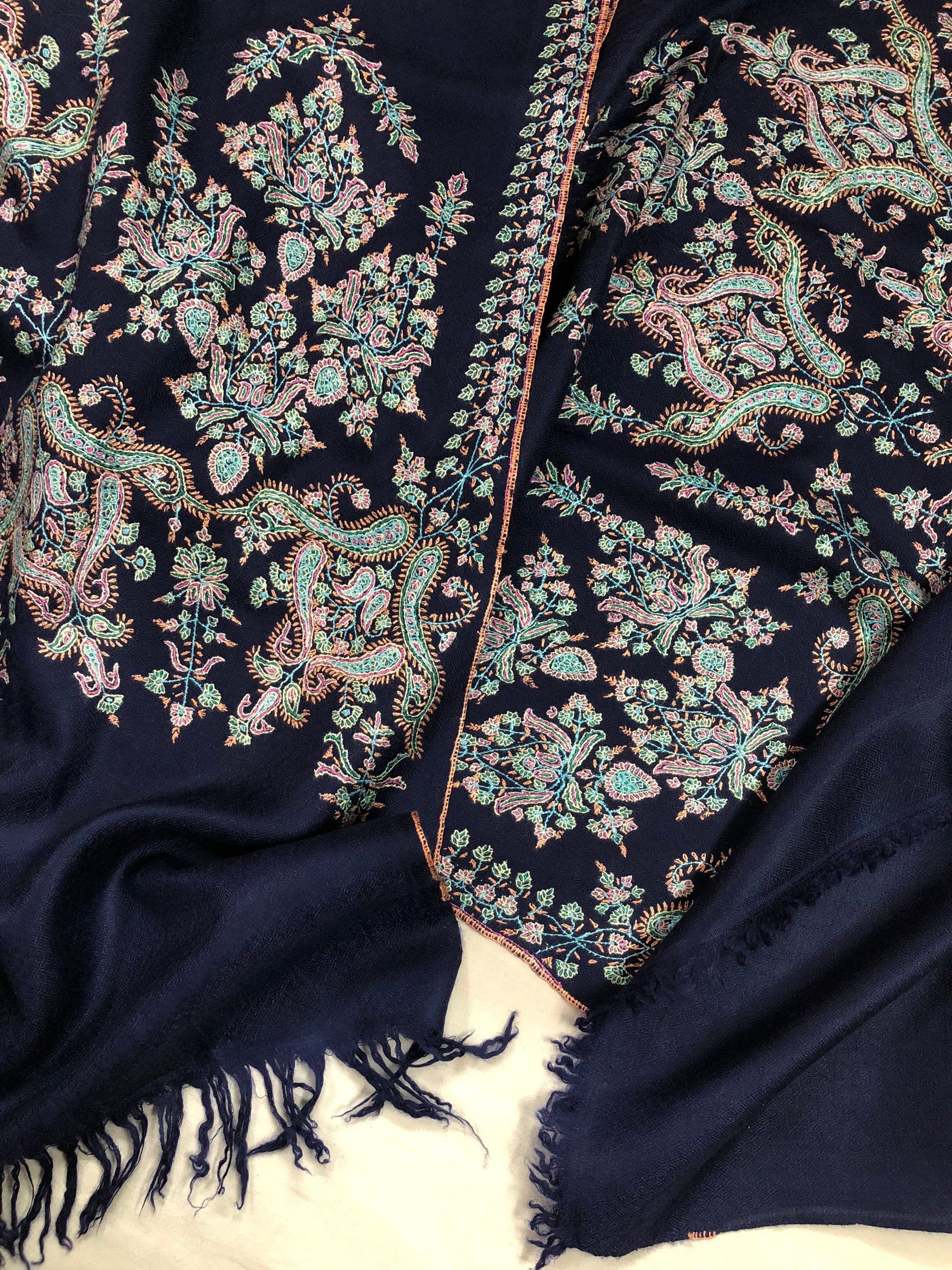 GI Sozani Certified Kashmir Pashmina cyber monday Medieval blue exclusive embroidery palla real cashmere pashmina scarf - Mehraj Crafts 