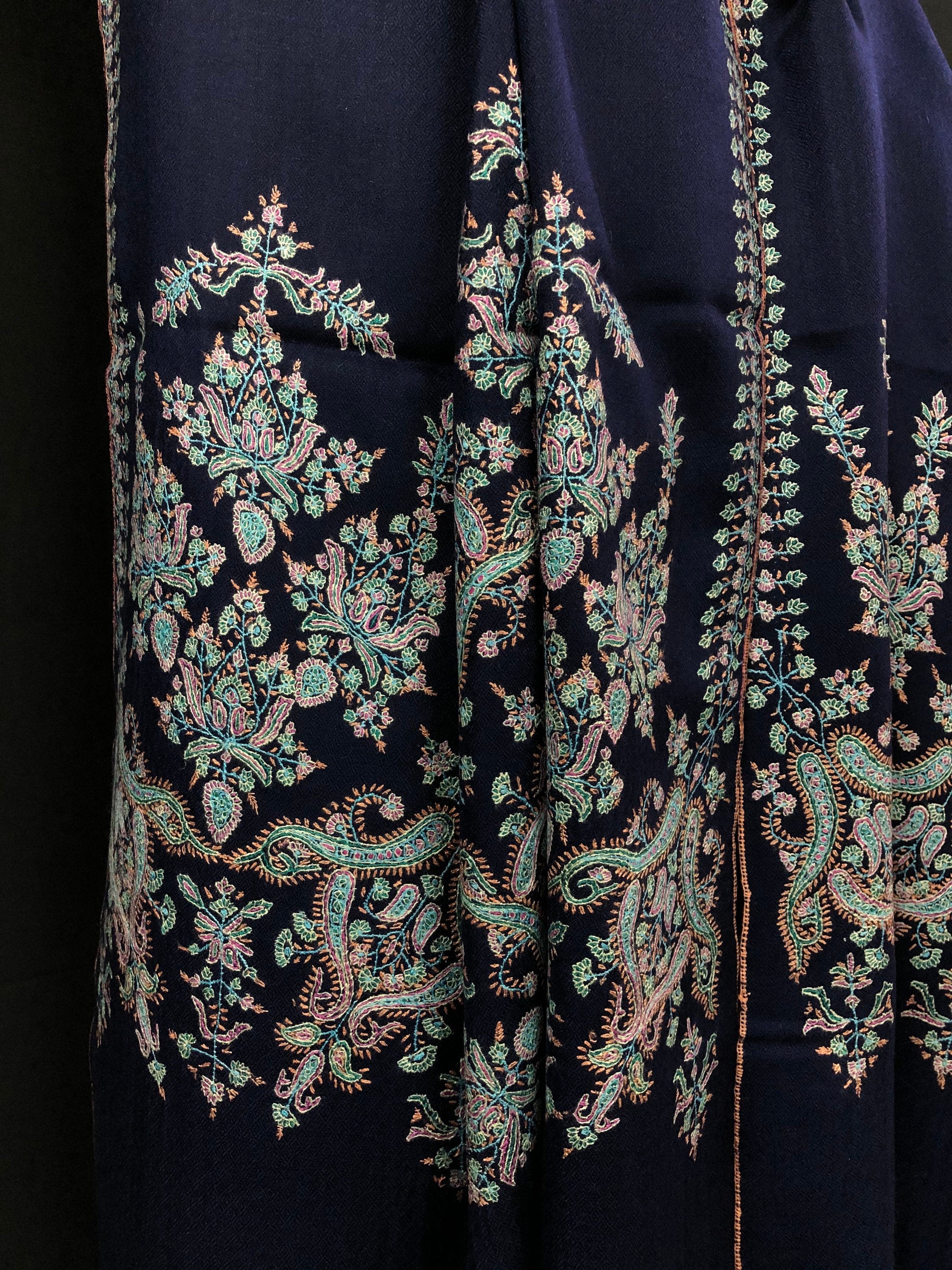 GI Sozani Certified Kashmir Pashmina cyber monday Medieval blue exclusive embroidery palla real cashmere pashmina scarf - Mehraj Crafts 