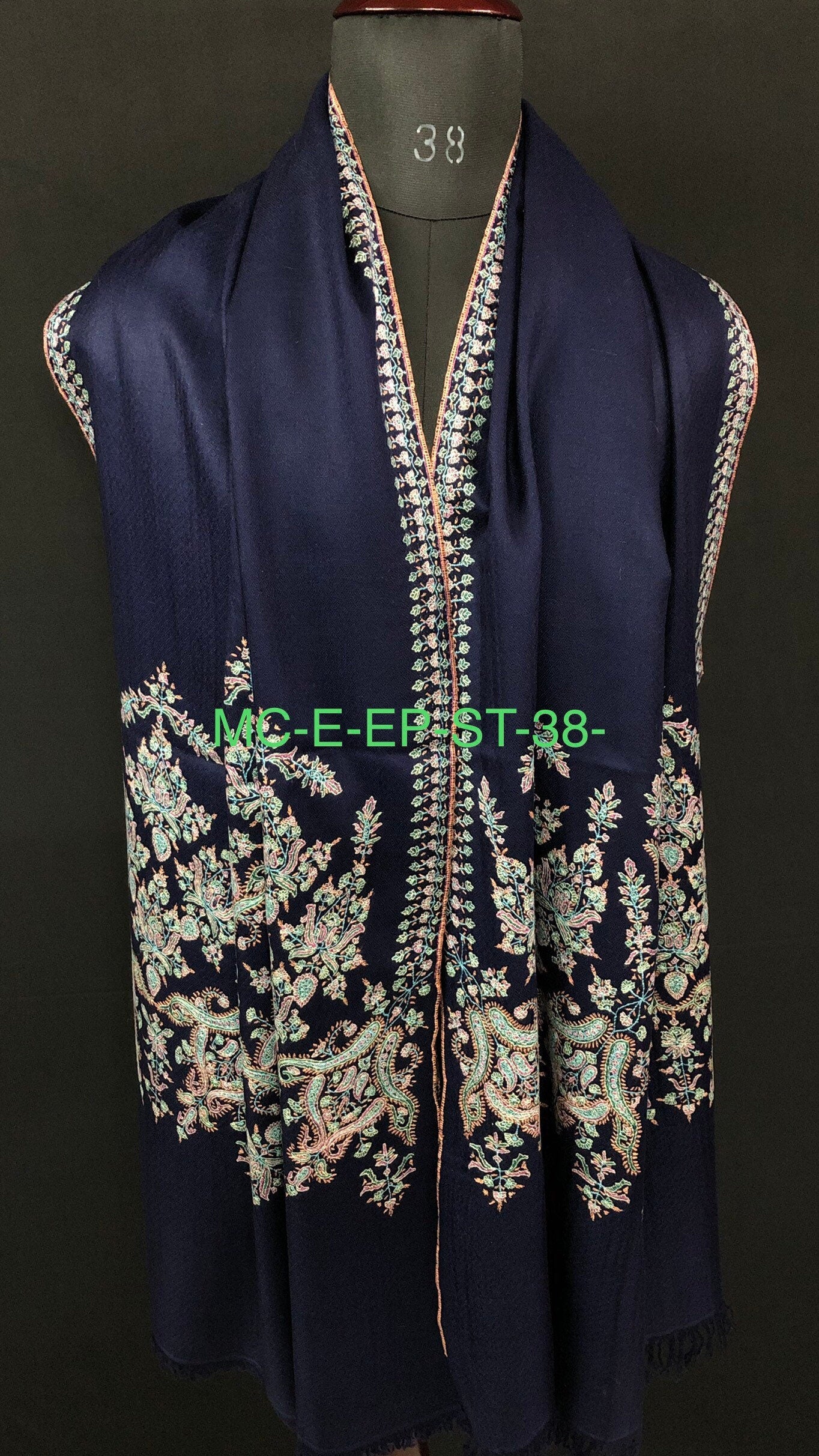 GI Sozani Certified Kashmir Pashmina cyber monday Medieval blue exclusive embroidery palla real cashmere pashmina scarf - Mehraj Crafts 